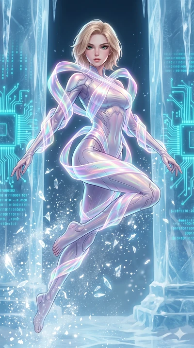 score_9, masterpiece, best quality, ultra-detailed, high-budget anime keyframe, Caucasian woman, strictly human ears. upper body close-up from the thighs up, character filling the screen for maximum presence. leaping inside a sub-zero cybernetic ice 