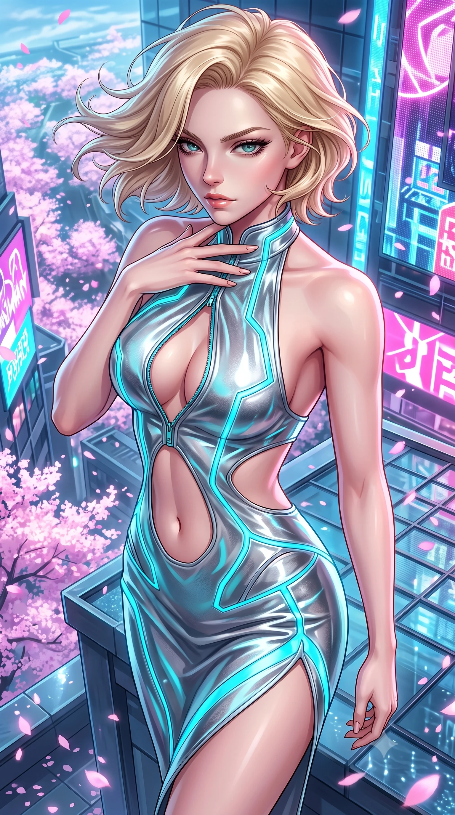 score_9, masterpiece, best quality, ultra-detailed, high-budget anime keyframe, semi-realistic 3D game render, editorial fashion photography, tasteful artistic composition, Caucasian woman. close-up cowboy shot from the waist and thighs up, the character dominates the composition, filling the frame with her large presence. resting her fingers lightly against her throat while looking down with a smoldering, haughty yet intensely captivating glance while twisting her upper body dramatically at the building edge as high-altitude winds whip her hair and outfit. The surrounding environment is rendered in vivid detail and crisp panoramic clarity. glistening glass rooftop tiles, sharp neon billboard reflections, and glowing sakura petal edges in deep focus. She has an exceptionally elegant, slender, and willowy female figure with an ultra-slim waist, a gracefully sculpted slender torso, and a refined silhouette. sharp v-shaped jawline, high-bridge nose, intricate jewel-like eyes with depth, thick eyelashes, glossy lips with a natural sheen, flawlessly proportioned anatomical accuracy, natural body alignment, perfectly sculpted elegant limbs, clean dynamic posture without body distortion. wearing a velvet halter-neck midi dress fitting her statuesque contour flawlessly with a Tasteful chest slit and open spine in liquid mercury silver and glowing electric cyan, tailored from semi-translucent cybernetic vinyl with glowing micro-filaments, featuring a dangerously unzipped neckline framed by glowing cybernetic accents, the daring cutouts accentuating her delicate midriff, graceful collarbones, and feminine contour. surrounded by a dizzying, windswept, and exhilarating high-altitude sensual aura. highly saturated vibrant anime colors, detailed shading with soft gradients, rich glossy textures, high-contrast stereoscopic depth, volumetric dynamic lighting, master piece, 9:16 ratio