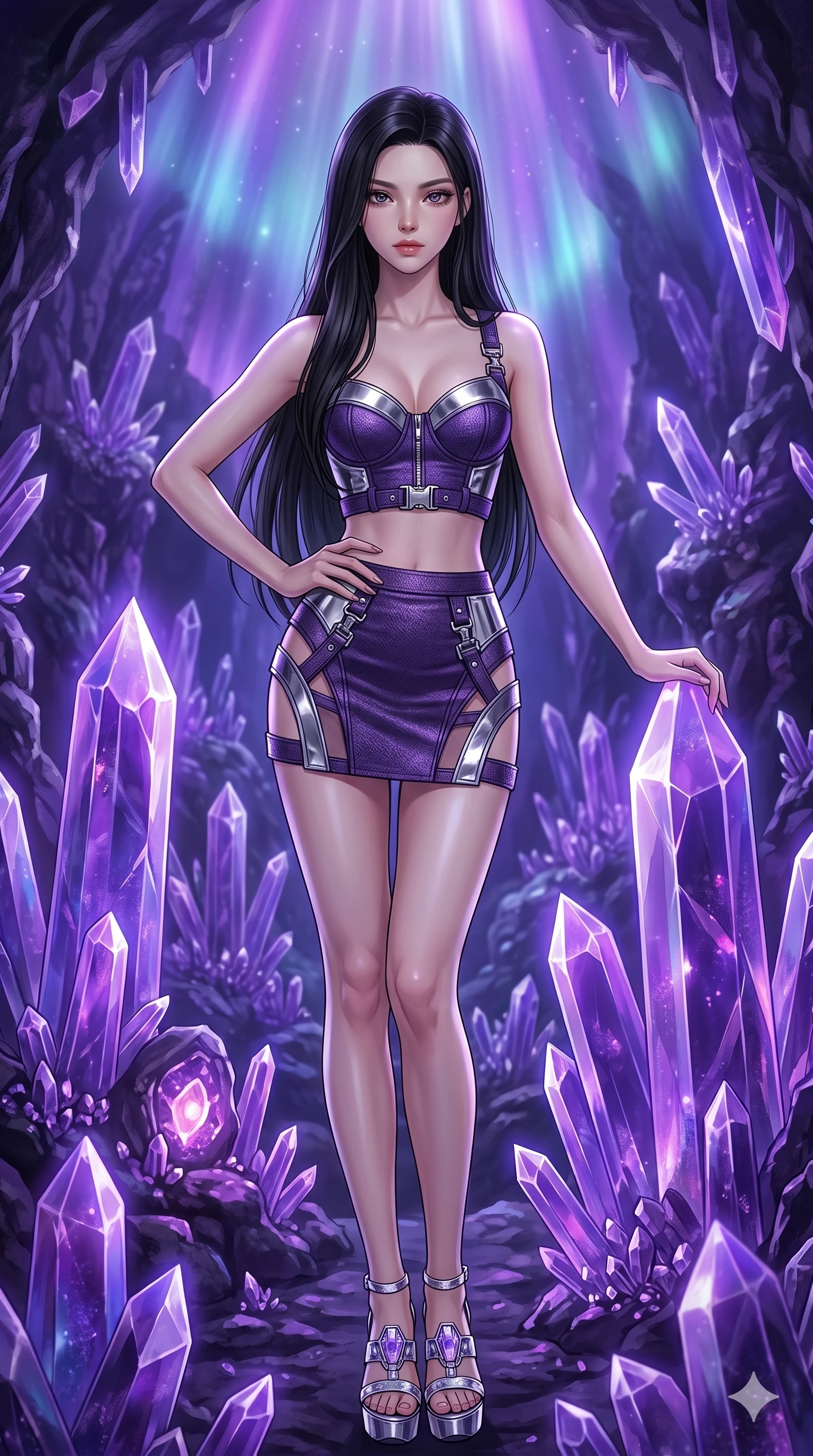 score_9, masterpiece, best quality, ultra-detailed, high-budget anime keyframe, editorial fashion photography, tasteful artistic composition, Korean woman. cowboy shot from the thighs up, character and outfit filling the frame for maximum editorial presence. holding a confident power pose with one hand on her hip, looking directly into the camera with quiet self-assurance inside a luminous geode cavern filled with giant violet crystal spires (Code-P16-001). She has an absolutely perfect 8-heads proportion, an exceptionally tall and slender female figure with impossibly long slender legs and an ultra-slim waist. V-shaped jawline, high-bridge nose, intricate jewel-like eyes with depth, thick eyelashes, glossy lips with a natural sheen. wearing a structured crop bustier with chrome hardware and a matching micro-length skirt with side cuts. illuminated by a shifting purple aurora palette from above, casting sharp specular highlights on her silhouette. 2k, ultra detail, master piece, 9:16 ratio