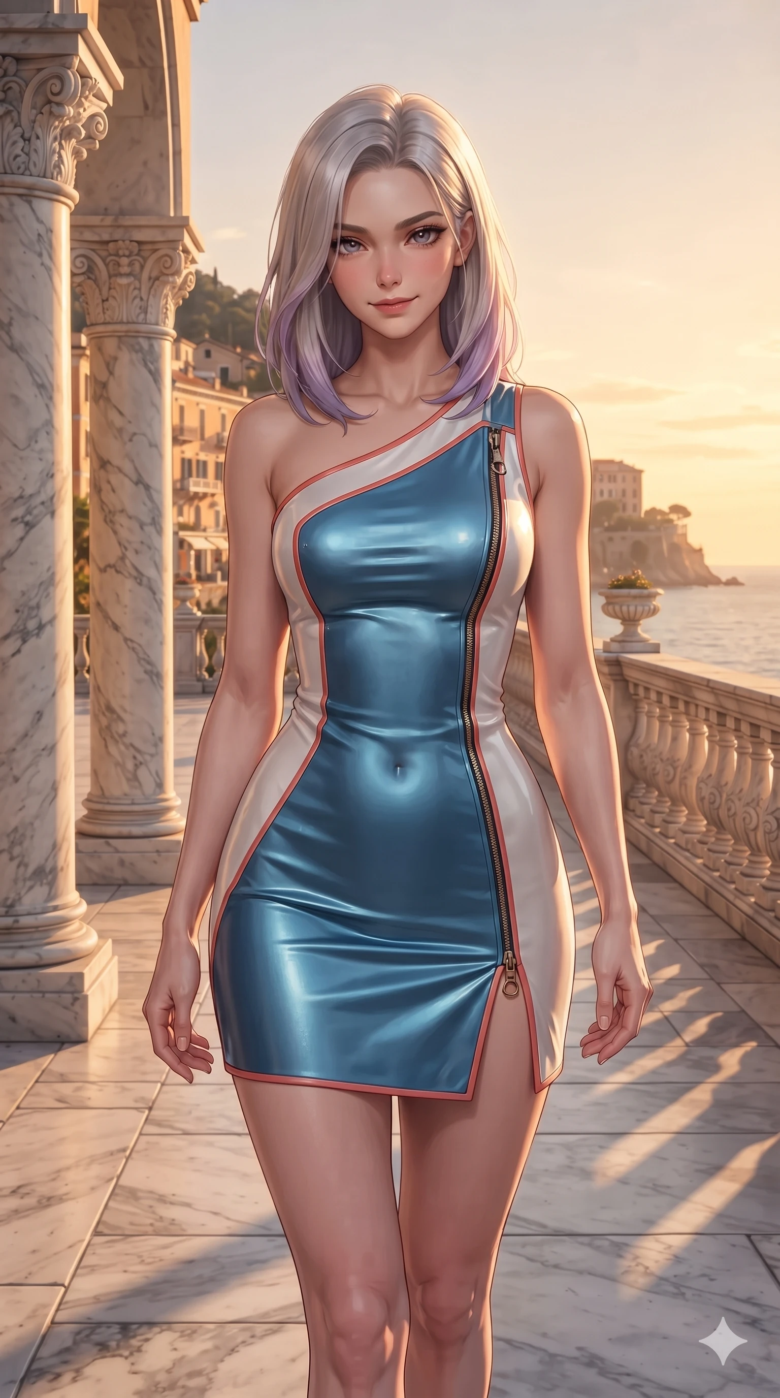 score_9, masterpiece, best quality, ultra-detailed, high-budget anime keyframe, editorial fashion photography, tasteful artistic composition, Caucasian woman. close-up cowboy shot from the waist and thighs up, the character dominates the composition, filling the frame with her large presence. tilting her head with a teasing half-smile, running one hand slowly down the side of her hip in a flirtatious S-curve as ambient light caresses her silhouette while walking slowly along the paved marble belvedere with hypnotic grace, hips swaying in an alluring sensual rhythm that accentuates her curvy hourglass silhouette. The surrounding environment is rendered in vivid detail and crisp panoramic clarity: detailed asymmetric one-shoulder metallic dress tailoring, delicate side slit, and classical Italian architecture in razor-sharp precision. She has an exceptionally elegant, slender, and willowy female figure with an ultra-slim waist, flat toned midriff, narrow ribcage, and sculpted feminine hips creating an alluring, slim hourglass silhouette without bulk. sharp v-shaped jawline, high-bridge nose, sparkling eyes with hypnotic seductive depth, thick curled eyelashes, glossy parted lips with a natural dewy peach sheen, alluring bedroom-eyes with an enchanting coquettish smile, exuding magnetic siren charisma and sophisticated glamour, flawlessly proportioned anatomical accuracy, strict slender model proportions, natural body alignment, perfectly sculpted long slender limbs, ultra-slim waistline, clean dynamic posture without body distortion. wearing an asymmetric one-shoulder metallic leather mini dress with a dramatic side slit hugging her narrow waist and hips in Mediterranean cerulean blue and optic white with coral trims, tailored from crisp high-density nautical cotton poplin with pristine structural hold, finished with sleek heavy-duty brass anchor zip pulls and nautical hardware, the liquid-tight tailored fabric clinging flawlessly to her narrow waist and rounded feminine hips, emphasizing every millimeter of her sculpted slim hourglass curves without any bulky heaviness. bathed in the warm, golden 2900K afternoon rays of the setting Mediterranean sun casting dramatic long shadows across marble columns. ultra-reflective glossy finish, specular highlights, rich textural contrasts, high-contrast stereoscopic depth, volumetric dynamic lighting, 2k, ultra detail, master piece, 9:16 ratio
