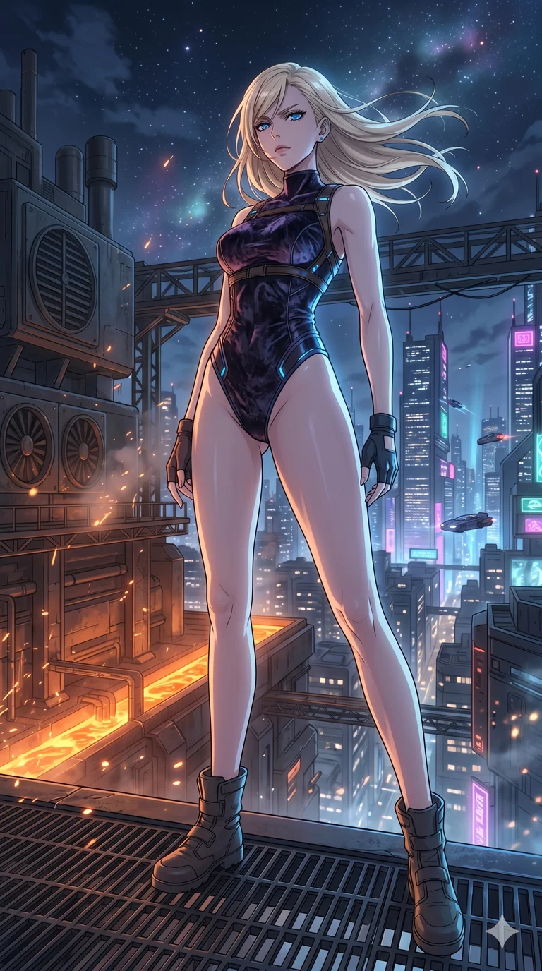 score_9, masterpiece, best quality, ultra-detailed, High-budget Anime Keyframe, vibrant colors, fluid line-art, expressive lighting, cinematic composition, Ufotable-style visual effects, top-tier animation quality, Caucasian woman with pale skin, blonde hair, and (strictly human ears). Dynamic full-body shot stretching the vertical silhouette, capturing her from a powerful low-angle perspective. Standing atop a dizzying skyscraper overlooking a vast megalopolis of neon towers and flying vehicles, the wind whipping through her hair. She has an absolutely perfect 8-heads proportion, an exceptionally tall and slender female figure with impossibly long slender legs and an ultra-slim waist, her statuesque height and towering silhouette dominating the vertical 9:16 frame. Her face is a masterpiece featuring a sharp v-shaped jawline, high-bridge nose, intricate jewel-like eyes with depth, thick eyelashes, and glossy lips with a natural sheen. She is wearing a Micro-bodysuit with a complex integrated harness system and high-cut leg lines crafted from Crushed dark velvet with a deep, rich texture that absorbs light and glows at the edges, featuring a crystalline structure that catches the light and reveals her slender frame. The scene is set in a gritty industrial factory with glowing molten metal, flying sparks, and deep shadows, illuminated by flickering starlight and nebula glow providing a mystical and vast ambiance. 2k, ultra detail, master piece, 9:16 ratio