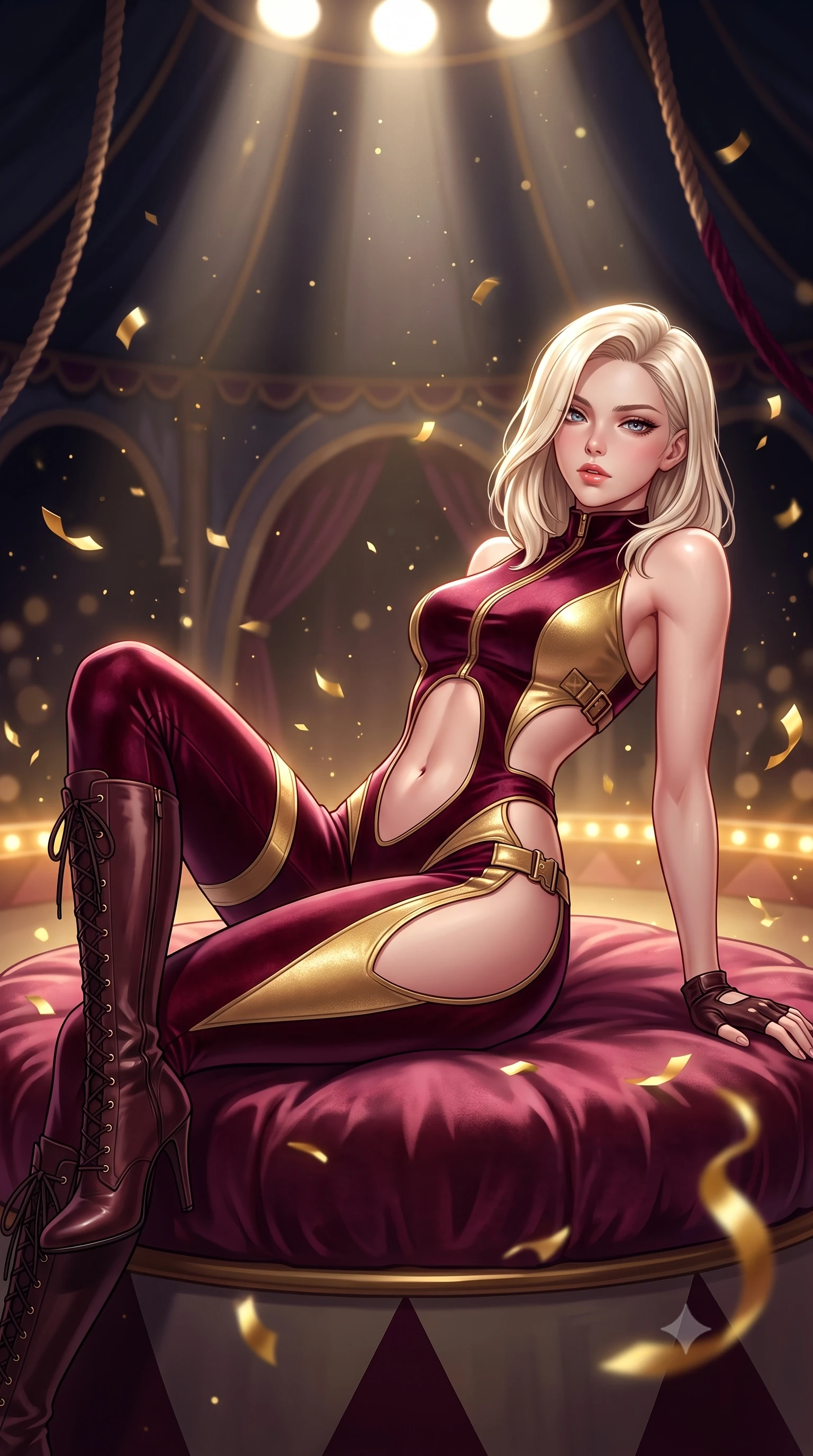 score_9, masterpiece, best quality, ultra-detailed, high-budget anime keyframe, semi-realistic 3D game render, editorial fashion photography, tasteful artistic composition, Caucasian woman. close-up cowboy shot from the waist and thighs up, the character dominates the composition, filling the frame with her large presence. leaning back with relaxed seductive grace, her sculpted collarbones and narrow waist highlighted as she casts smoldering bedroom-eyes directly into the camera while reclining languidly on a velvet ring cushion inside the dark circus tent, spine arched in an alluring S-curve as gold confetti flutters around her. The composition keeps background elements in soft focus with creamy bokeh. looming circus tent canvas arches and velvet rigging ropes softened in theatrical shallow focus. She has an exceptionally elegant, slender, and willowy female figure with an ultra-slim waist, a gracefully sculpted slender torso, toned flat midriff, and rounded feminine hips creating an alluring hourglass silhouette. sharp v-shaped jawline, high-bridge nose, intricate jewel-like eyes with depth, thick eyelashes, glossy parted lips with a natural sheen, intensely captivating and seductive bedroom-eyes expression, flawlessly proportioned anatomical accuracy, strict slender model proportions, natural body alignment, perfectly sculpted long slender limbs, ultra-slim waistline, clean dynamic posture without body distortion. wearing a high-collar velvet speedsuit featuring bold side cutouts and quick-release brass buckles in antique burgundy wine and shimmering gold, made of flexible compression spandex sculpting her athletic hourglass lines, accessorized with knee-high stiletto lace-up boots and fingerless leather gloves, the form-contouring material adhering flawlessly to her sculpted flat midriff and slender torso, emphasizing her long leg lines and perfectly proportioned willowy build. bathed in dramatic overhead circular spotlight beams and warm golden carousel perimeter glow. highly saturated vibrant anime colors, detailed shading with soft gradients, rich glossy textures, high-contrast stereoscopic depth, volumetric dynamic lighting, master piece, 9:16 ratio