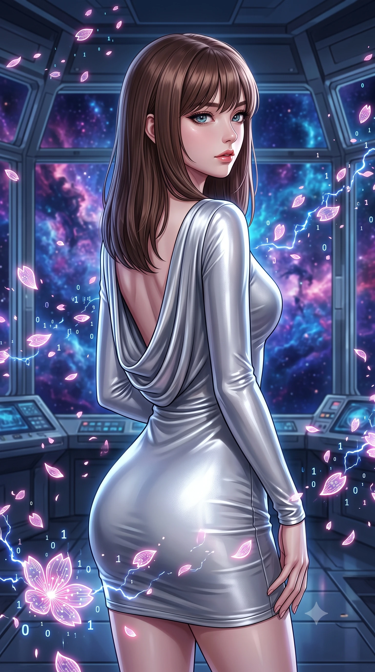 score_9, masterpiece, best quality, ultra-detailed, high-budget anime keyframe, editorial fashion photography, tasteful artistic composition, Korean woman. close-up cowboy shot from the waist and thighs up, the character dominates the composition, filling the frame with her large presence, background elements kept in soft focus. Gazing past the camera with an air of effortless elegance and mysterious confidence standing inside a high-tech observatory with panoramic glass views of a nebula, floating digital sakura petals flickering into binary code sparks. She has an exceptionally elegant, slender, and willowy female figure with an ultra-slim waist, a gracefully sculpted slender torso, and a refined silhouette. sharp v-shaped jawline, high-bridge nose, intricate jewel-like eyes with depth, thick eyelashes, glossy lips with a natural sheen. wearing a precision-fitted liquid silver jersey bodycon dress with a graceful draped back, the glove-like fit emphasizing her statuesque silhouette. surrounded by a crisp high-tech illumination highlighting every sleek curve. highly saturated vibrant anime colors, detailed shading with soft gradients, rich glossy textures, high-contrast stereoscopic depth, volumetric dynamic lighting, master piece, 9:16 ratio