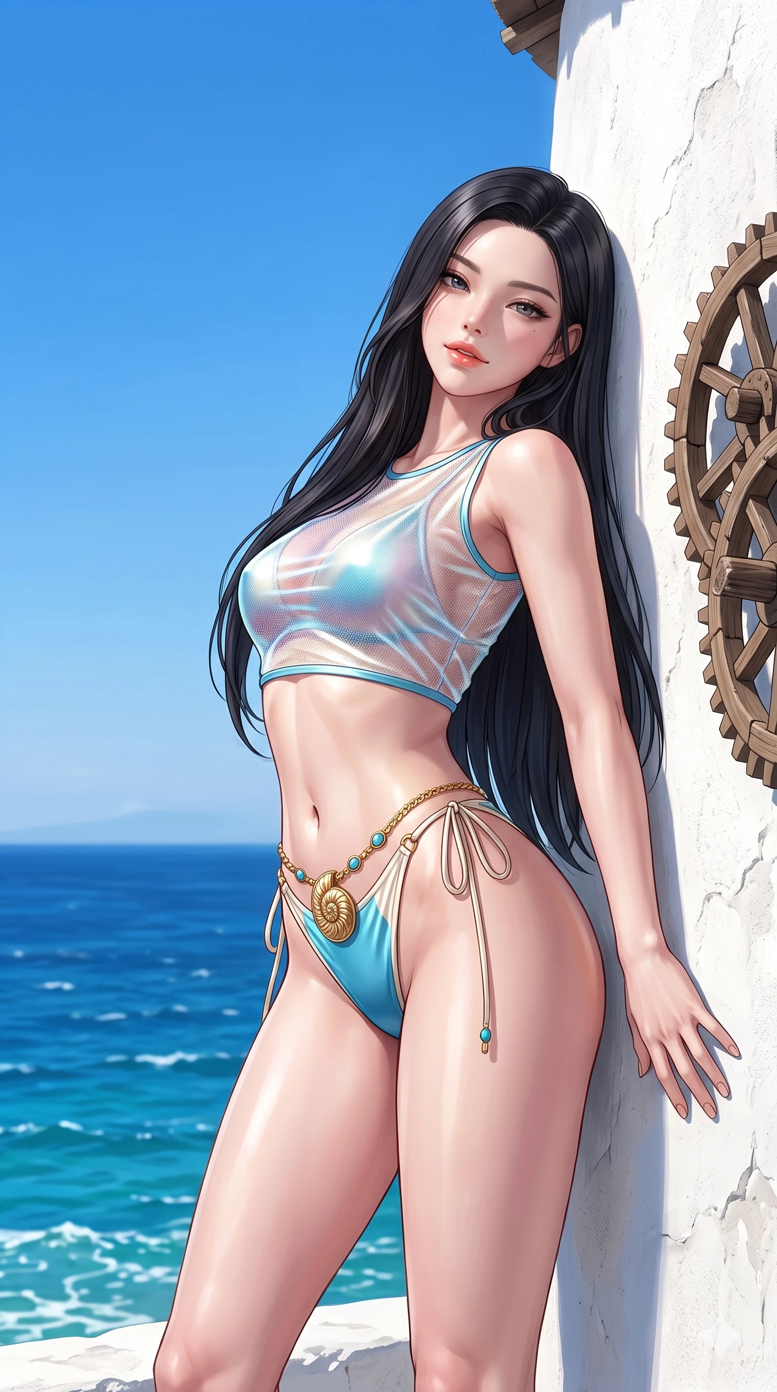 score_9, masterpiece, best quality, ultra-detailed, high-budget anime keyframe, semi-realistic 3D game render, editorial fashion photography, tasteful artistic composition, Korean woman. close-up cowboy shot from the waist and thighs up, the character dominates the composition, filling the frame with her large presence. arching her spine backward with effortless dancer poise, one hand sliding along her hip line as directional light carves specular highlights along her silhouette while standing tall beside the iconic round whitewashed windmill, one hand resting on the chalk-white stucco while arching her lower back to emphasize her curvy hips against the cobalt Aegean sea. The surrounding environment is rendered in vivid detail and crisp panoramic clarity: sharp stucco whitewash wall texture, rustic wooden windmill gear wheels, and turquoise sea foam clarity in deep focus. She has an exceptionally elegant, slender, and willowy female figure with an ultra-slim waist, flat toned midriff, narrow ribcage, and sculpted feminine hips creating an alluring, slim hourglass silhouette without bulk. sharp v-shaped jawline, high-bridge nose, sparkling eyes with hypnotic seductive depth, thick curled eyelashes, glossy parted lips with a natural dewy peach sheen, alluring bedroom-eyes with an enchanting coquettish smile, exuding magnetic siren charisma and sophisticated glamour, flawlessly proportioned anatomical accuracy, strict slender model proportions, natural body alignment, perfectly sculpted long slender limbs, ultra-slim waistline, clean dynamic posture without body distortion. wearing a translucent iridescent mesh swim crop top paired with high-cut string bikini bottoms and gold waist chains in Saint-Tropez azure and sparkling champagne ivory, tailored from smooth liquid silk satin that clings smoothly to her narrow waist and rounded hips with a dewy sheen, accented with an authentic engraved gold nautilus shell medallion and turquoise cabochons, the form-contouring cut accentuating her sculpted flat midriff, narrow delicate ribcage, and gracefully curvy hips with intoxicating allure. bathed in the blinding, high-key Aegean daylight reflecting brilliantly off chalk-white stucco walls with crisp azure sky contrast. highly saturated vibrant anime colors, detailed shading with soft gradients, rich glossy textures, high-contrast stereoscopic depth, volumetric dynamic lighting, master piece, 9:16 ratio
