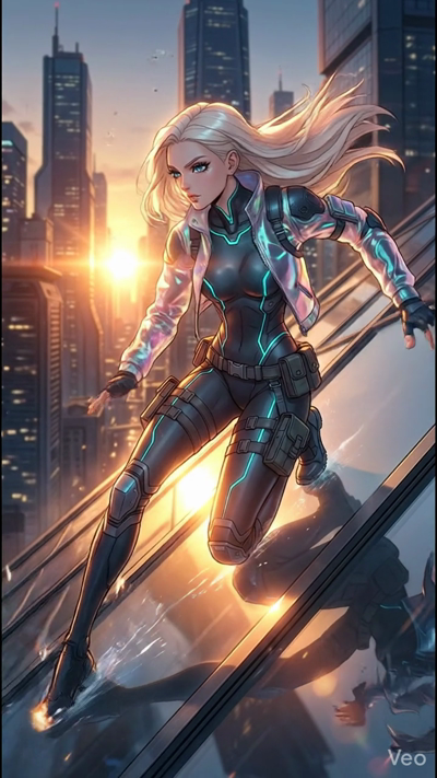 A high-octane 8-second cyberpunk anime video. A blonde woman in a black tactical suit with glowing blue lines slides down the steep glass surface of a futuristic skyscraper. The setting sun reflects brilliantly off the glass and her iridescent jacket
