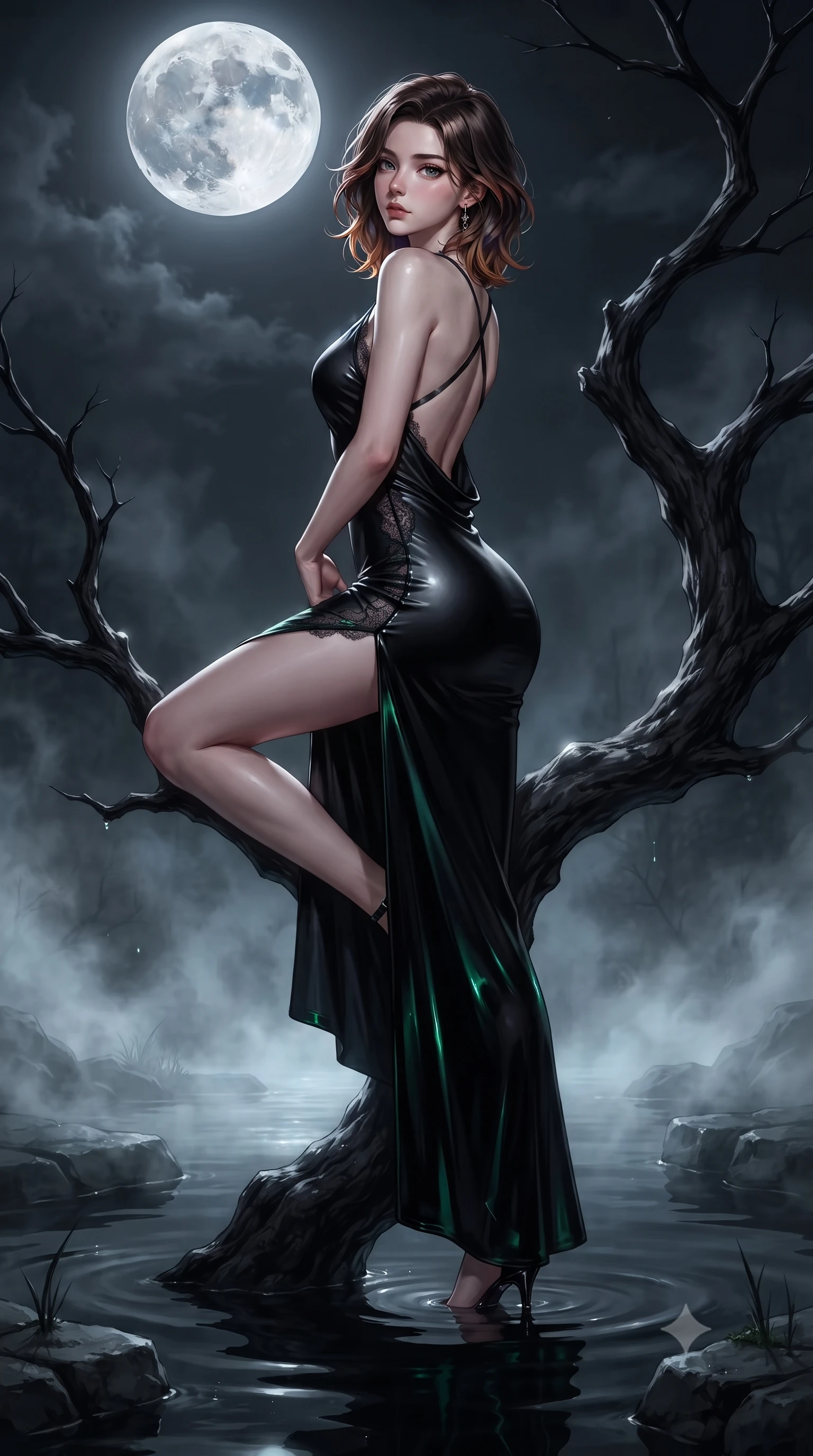 score_9, masterpiece, best quality, ultra-detailed, high-budget anime keyframe, editorial fashion photography, tasteful artistic composition, Korean woman. low angle full-body shot from head to toe showing her feet, filling the entire 9:16 vertical frame with her statuesque presence, stretching her vertical silhouette. arching her spine in a fluid zero-gravity turn with sovereign grace, her long slender legs and sculpted torso creating a sweeping line with provocative poise while perched alluringly on a twisted black cypress branch rising out of mirror-still dark swamp water under a full moon. The surrounding environment is rendered in vivid detail and crisp panoramic clarity. sharp submerged stone edges, mist vapor swirls, and pale lunar crater patterns in high clarity. She has an absolutely perfect, statuesque 8.5-heads proportion, an exceptionally tall and slender model-like female figure with impossibly long slender legs, a toned flat midriff, and an ultra-slim waist. sharp v-shaped jawline, high-bridge nose, intricate jewel-like eyes with depth, thick eyelashes, glossy lips with a natural sheen, flawlessly proportioned anatomical accuracy, strict slender model proportions, natural body alignment, perfectly sculpted long slender limbs, ultra-slim waistline, clean dynamic posture without body distortion. wearing a precision-fitted liquid jersey bodycon dress in obsidian black with a dramatic draped cowl back that swoops down to her waist and a high side slit in high-gloss lacquer black and electric emerald highlights, crafted from delicate dark lace interwoven with luminescent micro-fibers, complemented by criss-cross back straps highlighting her completely bare spine, the liquid-tight tailored fabric emphasizing every curve of her tall, slender model proportions and sculptured silhouette during dynamic movement. illuminated by soft glowing mist fill and crisp specular rim highlights tracing her slender curves. ultra-reflective glossy finish, specular highlights, dark metallic sheen, deep chiaroscuro contrast, volumetric dynamic shadow lighting, 2k, ultra detail, master piece, 9:16 ratio