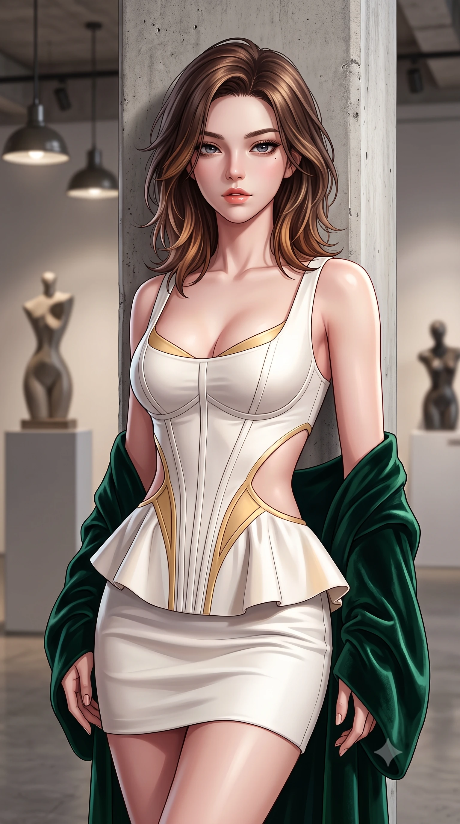score_9, masterpiece, best quality, ultra-detailed, high-budget anime keyframe, semi-realistic 3D game render, editorial fashion photography, tasteful artistic composition, Korean woman. close-up cowboy shot from the waist and thighs up, the character dominates the composition, filling the frame with her large presence. leaning back with relaxed seductive grace, her sculpted collarbones and narrow waist highlighted as she casts smoldering bedroom-eyes directly into the camera while standing poised beside a raw concrete interior column, twisting her slender torso in an alluring contrapposto stance beside minimalist abstract sculptures. The composition keeps background elements in soft focus with creamy bokeh. minimalist sculptural pedestals and industrial pendant lights softened in avant-garde German shallow focus. She has an exceptionally elegant, slender, and willowy female figure with an ultra-slim waist, flat toned midriff, narrow ribcage, and sculpted feminine hips creating an alluring, slim hourglass silhouette without bulk. sharp v-shaped jawline, high-bridge nose, intricate jewel-like eyes with depth, thick eyelashes, glossy parted lips with a natural sheen, intensely captivating and seductive bedroom-eyes expression, flawlessly proportioned anatomical accuracy, strict slender model proportions, natural body alignment, perfectly sculpted long slender limbs, ultra-slim waistline, clean dynamic posture without body distortion. wearing a modern peplum corset dress with side-waist diamond cutouts and an ultra-tight silhouette in pure alabaster white and sun-kissed gold, made of fluid silk crepe with delicate inner corsetry boning, complemented by a plush velvet shawl draped loosely over her elbows, the glove-like aerodynamic silhouette tightly following the natural contour of her hips and long slender legs with statuesque 8.5-heads elegance. illuminated by subtle architectural spotlighting sharply defining her sculpted cheekbones, ultra-slim waist, and curvy hips. highly saturated vibrant anime colors, detailed shading with soft gradients, rich glossy textures, high-contrast stereoscopic depth, volumetric dynamic lighting, master piece, 9:16 ratio