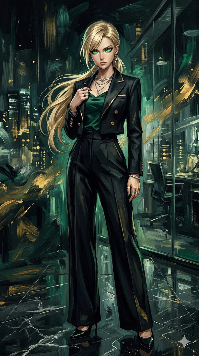 A surreal night fashion model with long blonde hair and emerald green glowing eyes, wearing an elegant, modest Y2K coat outfit. The background is a post-impressionist night city with neon reflections, cinematic melancholy, and Japanese manga inspiration. 4k, ultra detail, master piece, 9:16 ratio