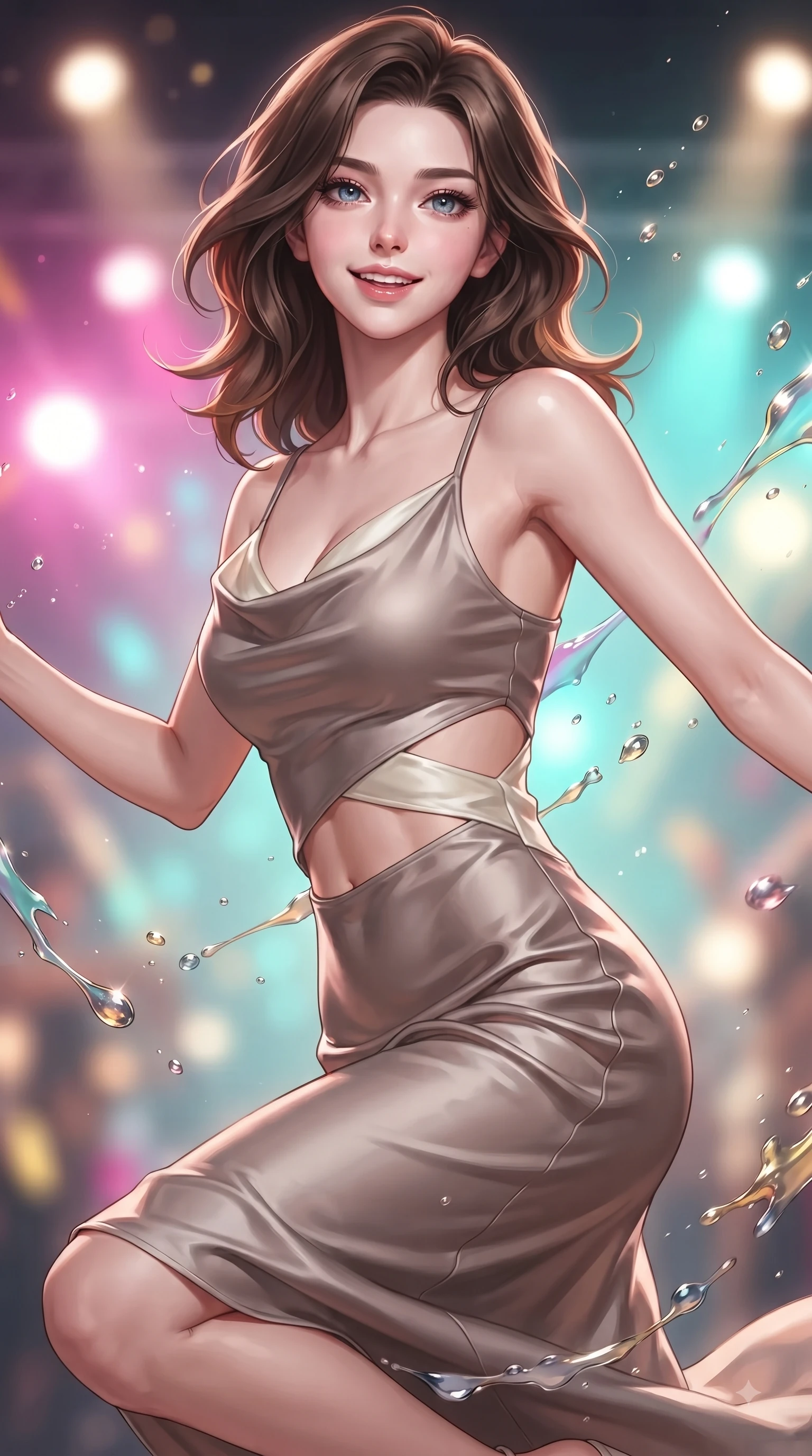score_9, masterpiece, best quality, ultra-detailed, high-budget anime keyframe, editorial fashion photography, tasteful artistic composition, Korean woman. close-up cowboy shot from the waist and thighs up, the character dominates the composition, filling the frame with her large presence, background elements kept in soft focus. Cheerful beaming smile with parted lips, exuding pure enchanting charm while turning dynamically toward the camera while leaping dynamically through the air with a radiant laughing expression on an open art stage, paint droplets catching sharp specular highlights as she turns with a beaming smile. She has an exceptionally elegant, slender, and willowy female figure with an ultra-slim waist, a gracefully sculpted slender torso, and a refined silhouette. sharp v-shaped jawline, high-bridge nose, intricate jewel-like eyes with depth, thick eyelashes, glossy lips with a natural sheen, flawlessly proportioned anatomical accuracy, natural body alignment, perfectly sculpted elegant limbs, clean dynamic posture without body distortion. wearing an elegant cowl-neck satin midi dress with a graceful draped neckline in muted taupe and soft ivory, crafted from lustrous satin jersey with fluid draping, featuring subtle geometric cutouts that highlight her ultra-slim midriff, the form-contouring material highlighting her ultra-slim waist and long lines. surrounded by a radiant glow of magenta, aqua, and golden fluid highlights. ultra-reflective glossy finish, specular highlights, metallic sheen, high-contrast stereoscopic depth, volumetric dynamic lighting, 2k, ultra detail, master piece, 9:16 ratio
