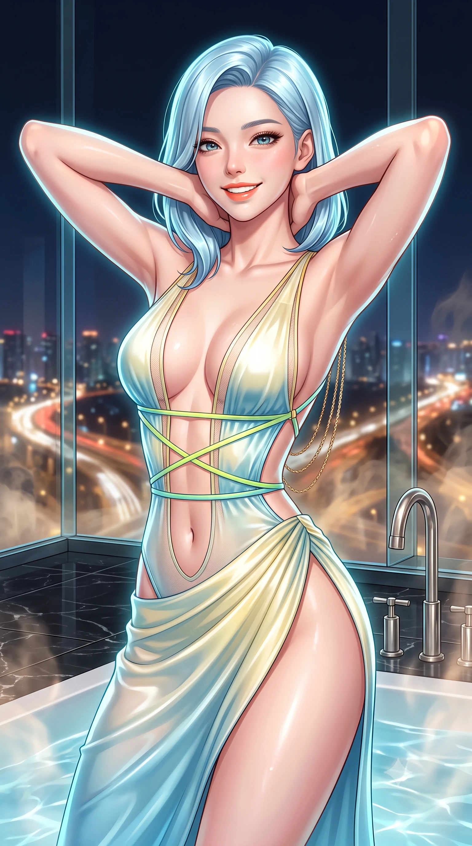 score_9, masterpiece, best quality, ultra-detailed, high-budget anime keyframe, semi-realistic 3D game render, editorial fashion photography, tasteful artistic composition, Korean woman. close-up cowboy shot from the waist and thighs up, the character dominates the composition, filling the frame with her large presence. resting both hands lightly behind her neck with elbows raised, arching her spine to highlight her narrow waist, flat midriff, and breathtaking collarbones while twisting her slender torso in an alluring contrapposto stance, shimmering city highway lights and thermal bath vapor caressing her flat midriff. The surrounding environment is rendered in vivid detail and crisp panoramic clarity: sharp structural glass corner bevels, honed black marble floor veining, and polished nickel tap fittings in deep focus. She has an exceptionally elegant, slender, and willowy female figure with an ultra-slim waist, flat toned midriff, narrow ribcage, and sculpted feminine hips creating an alluring, slim hourglass silhouette without bulk. sharp v-shaped jawline, high-bridge nose, intricate jewel-like sparkling eyes with depth, thick eyelashes, glossy parted lips with a natural peach sheen, bright cheerful beaming smile with an enchanting and coquettish sensual glint, exuding both youthful cute charm and seductive allure, flawlessly proportioned anatomical accuracy, strict slender model proportions, natural body alignment, perfectly sculpted long slender limbs, ultra-slim waistline, clean dynamic posture without body distortion. wearing a provocative plunging sheer micro-mesh leotard with criss-cross neon strap details across her flat midriff in Positano lemon blossom ivory and Mediterranean azure, crafted from fluid liquid silk satin that clings smoothly to her narrow waist and rounded hips with a dewy sheen, accented with an open-back drape framed by falling strands of delicate gold chains, the high-slit wrap tailoring accentuating her ultra-slim waistline and the enchanting curve of her feminine hips with alluring seductive charm. illuminated by tub water caustics bounce and sharp platinum-cyan rim lights sculpting her razor-sharp jawline, narrow waist, and curvy hips. highly saturated vibrant anime colors, detailed shading with soft gradients, rich glossy textures, high-contrast stereoscopic depth, volumetric dynamic lighting, master piece, 9:16 ratio
