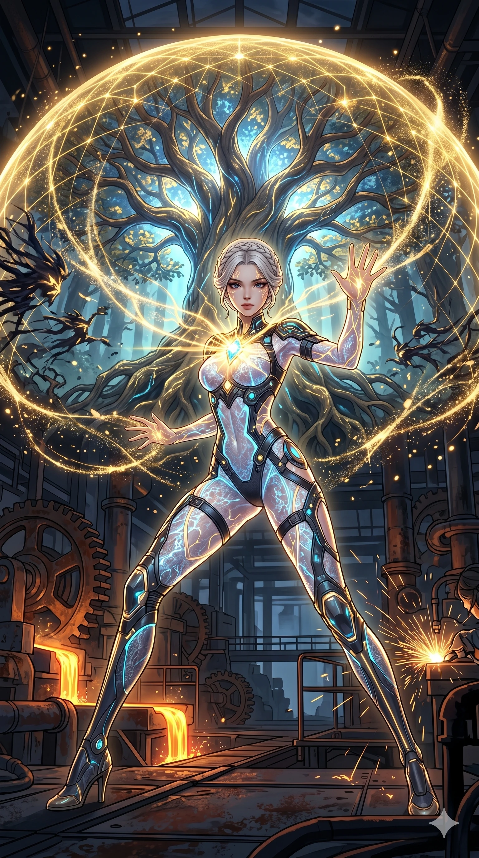 score_9, masterpiece, best quality, ultra-detailed, High-budget Anime Keyframe, vibrant colors, fluid line-art, expressive lighting, cinematic composition, Ufotable-style visual effects, top-tier animation quality, Korean woman with idol-like refined features. Cinematic low angle perspective showcasing her towering height and perfect 8-heads proportion. Protecting a sacred world-tree with her own life-force, a golden shield expanding from her heart to cover the forest. She has an absolutely perfect 8-heads proportion, an exceptionally tall and slender female figure with impossibly long slender legs and an ultra-slim waist, her statuesque height and towering silhouette dominating the vertical 9:16 frame. Her face is a masterpiece featuring a sharp v-shaped jawline, high-bridge nose, intricate jewel-like eyes with depth, thick eyelashes, and glossy lips with a natural sheen. She is wearing a Sheer lace catsuit with strategically placed armor plating and glowing energy nodes crafted from Bioluminescent silk that emits a soft, ethereal glow from within the fabric, with integrated neon-lit tactical gear and suggestive cutouts on the thighs. The scene is set in a gritty industrial factory with glowing molten metal, flying sparks, and deep shadows, illuminated by cinematic lighting with dramatic rim light that highlights her slender silhouette. 2k, ultra detail, master piece, 9:16 ratio
