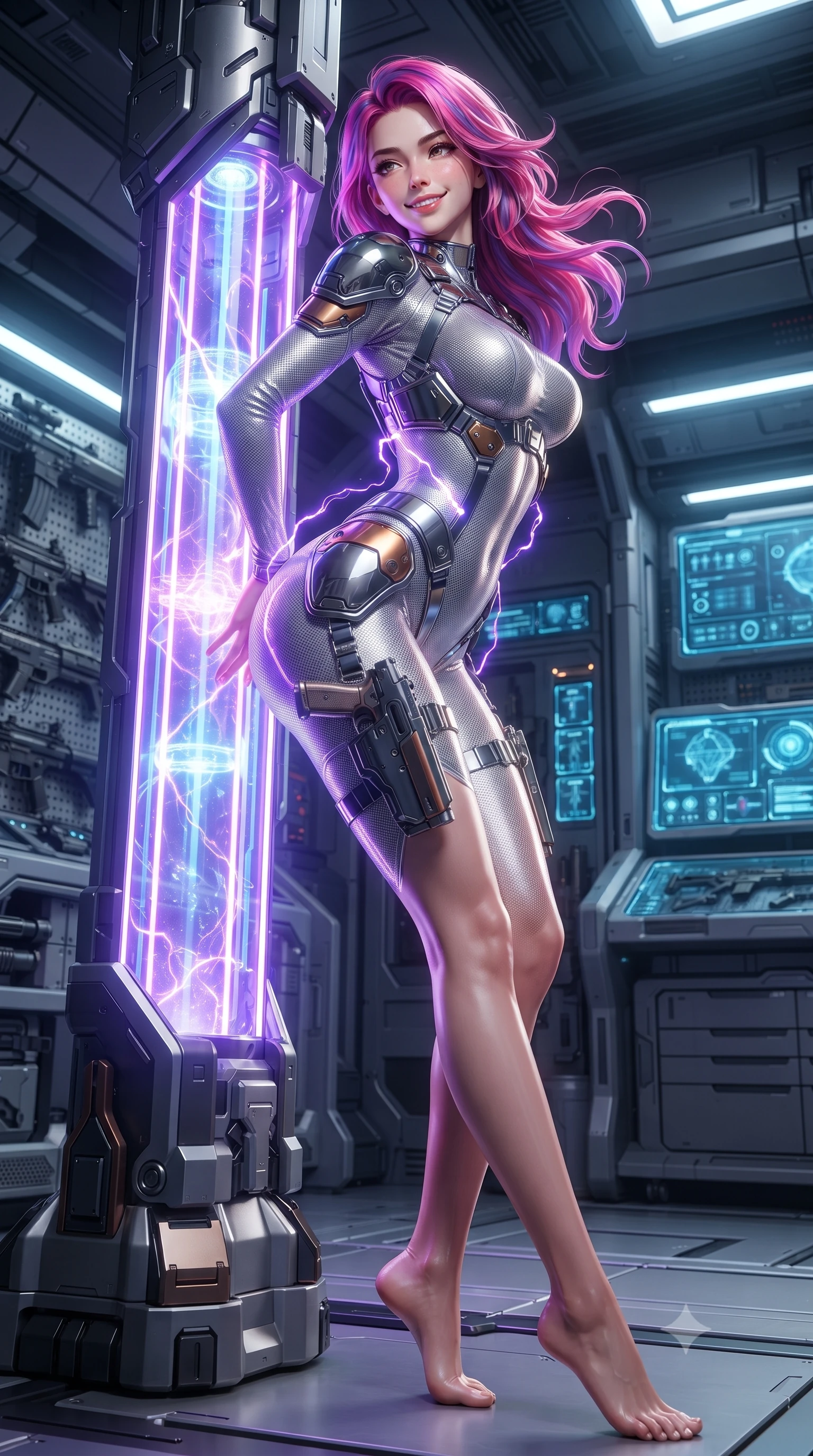 score_9, masterpiece, best quality, ultra-detailed, high-budget anime keyframe, editorial fashion photography, tasteful artistic composition, Caucasian woman. low angle full-body shot from head to toe showing her feet, filling the entire 9:16 vertical frame with her statuesque presence, stretching her vertical silhouette. leaning deep against the glowing energy conduit with hips cocked back in an unapologetically alluring high-fashion stance, flashing a warm beaming smile while twisting her slender torso in an alluring S-curve amidst charging plasma cells, electric violet energy tracing her narrow waist and curvy hips. The surrounding environment is rendered in vivid detail and crisp panoramic clarity: detailed tactical harness weave, weapon metallic sheen, and high-tech military armory architecture in high clarity. She has an absolutely perfect, statuesque 8.5-heads proportion, an exceptionally tall and slender model-like female figure with impossibly long slender legs, an ultra-slim waist, a flat toned midriff, narrow delicate ribcage, and beautifully sculpted feminine hips creating a graceful, slim hourglass silhouette without any bulky heaviness. sharp v-shaped jawline, high-bridge nose, intricate jewel-like sparkling eyes with depth, thick eyelashes, glossy parted lips with a natural sheen, bright confident smile with an enchanting and coquettish sensual glint, exuding both youthful magnetic charm and sovereign high-tech allure, flawlessly proportioned anatomical accuracy, strict slender model proportions, natural body alignment, perfectly sculpted long slender limbs, ultra-slim waistline, clean dynamic posture without body distortion. wearing a form-contouring delicate silver nano-mesh bodysuit with strategically placed chrome armor plate guards covering key curves in burnished bronze alloy and smoked glass black, tailored from ultra-reflective glossy liquid vinyl with mirror-like specular highlights, finished with polished chrome buckle hardware and modular magnetic holster clasps, the high-waisted tailoring accentuating her ultra-slim waistline and the enchanting curve of her feminine hips with alluring dark charm. bathed in intense violet and electric blue plasma charging glow contrasting with industrial shadows. ultra-reflective glossy finish, specular highlights, rich textural contrasts, high-contrast stereoscopic depth, volumetric dynamic lighting, 2k, ultra detail, master piece, 9:16 ratio