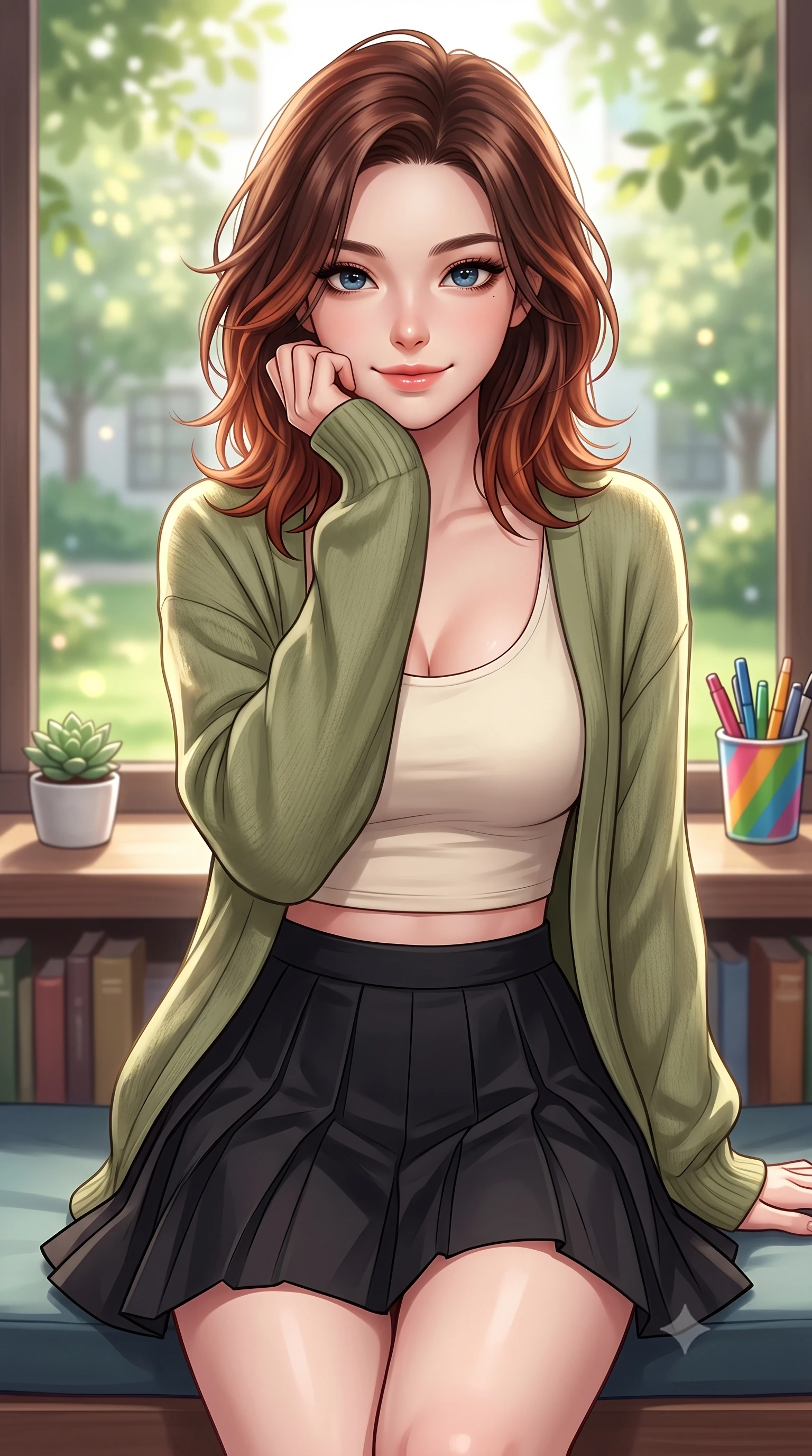 score_9, masterpiece, best quality, ultra-detailed, high-budget anime keyframe, editorial fashion photography, tasteful artistic composition, Korean woman. close-up cowboy shot from the waist and thighs up, the character dominates the composition, filling the frame with her large presence, background elements kept in soft focus. smiling cutely while resting her chin on her hand, looking directly into the lens set against a soft-focus background of sitting on a window bench of a quiet library overlooking a green courtyard with a tiny succulent pot and a colorful cup of pens on the desk. She has an exceptionally elegant, slender, and willowy female figure with an ultra-slim waist, a gracefully sculpted slender torso, and a refined silhouette. sharp v-shaped jawline, high-bridge nose, intricate jewel-like eyes with depth, thick eyelashes, glossy lips with a natural sheen. wearing body-hugging crop top under an open knit cardigan, paired with a high-waist pleated A-line skirt. soft afternoon daylight filtered through green leaves outside the window. highly saturated vibrant anime colors, detailed shading with soft gradients, rich glossy textures, high-contrast stereoscopic depth, volumetric dynamic lighting, master piece, 9:16 ratio