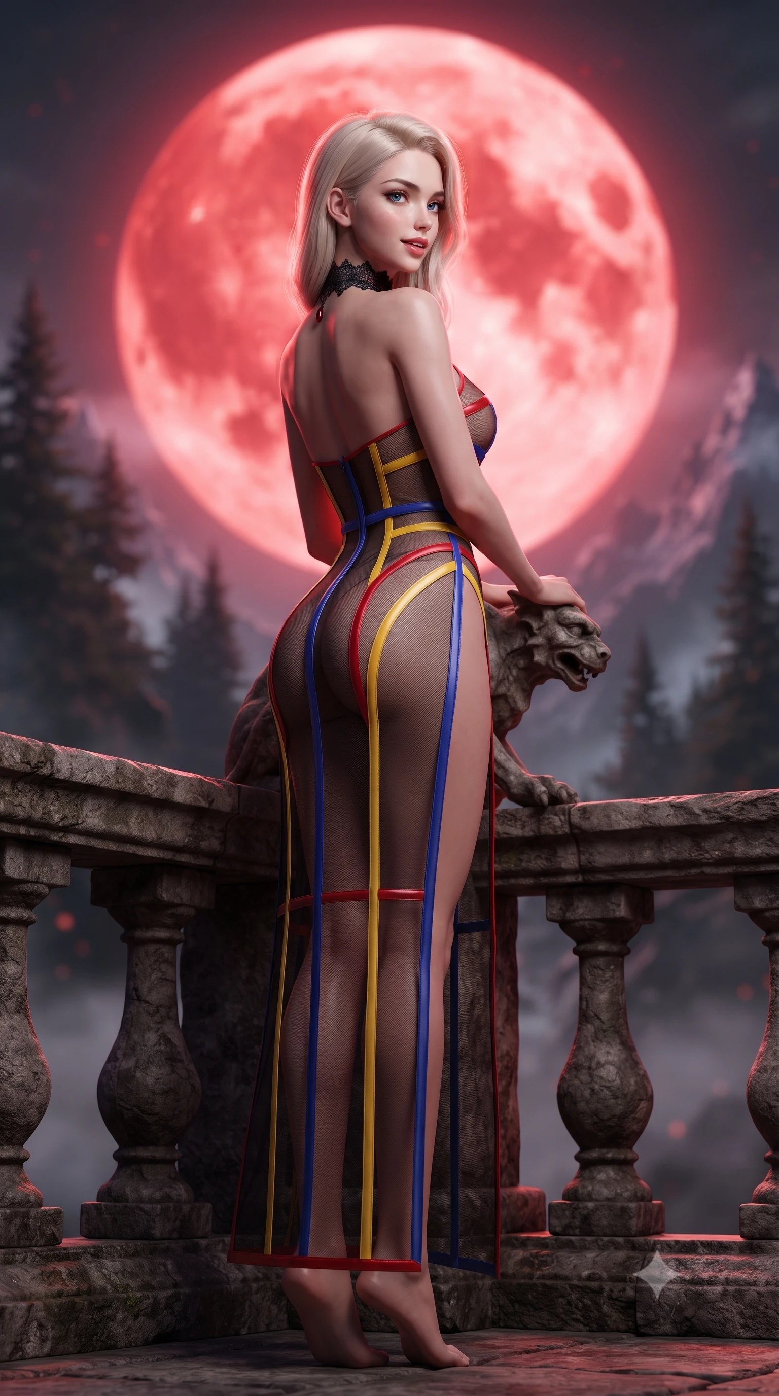 score_9, masterpiece, best quality, ultra-detailed, high-budget anime keyframe, editorial fashion photography, tasteful artistic composition, Caucasian woman. low angle full-body shot from head to toe showing her feet, filling the entire 9:16 vertical frame with her statuesque presence, stretching her vertical silhouette. walking along the terrace with poise, looking back over her bare shoulder with an irresistible smoldering bedroom-gaze while leaning against the carved stone gargoyle parapet with hips cocked back, looking back toward the giant crimson moon with bedroom-eyes. The background shows a soft-focus the colossal glowing crimson blood moon, jagged pine-covered mountain peaks, and swirling valley fog blurred into blood-orange, charcoal, and violet bokeh. She has an absolutely perfect, statuesque 8.5-heads proportion, an exceptionally tall and slender model-like female figure with impossibly long slender legs, an ultra-slim waist, a flat toned midriff, narrow delicate ribcage, and beautifully sculpted feminine hips creating a graceful, slim hourglass silhouette without any bulky heaviness. sharp v-shaped jawline, high-bridge nose, sparkling eyes with hypnotic seductive depth, thick curled eyelashes, glossy parted lips with a natural dewy peach sheen, alluring bedroom-eyes with an enchanting coquettish smile, exuding magnetic siren charisma and sophisticated glamour, flawlessly proportioned anatomical accuracy, strict slender model proportions, natural body alignment, perfectly sculpted long slender limbs, ultra-slim waistline, clean dynamic posture without body distortion. wearing a provocative sheer illusion mesh vampire gown with liquid satin ribbons contouring her hourglass curves in Mondrian primary red, canary yellow, and electric cobalt blue, tailored from fine structural neoprene with crisp architectural edges and smooth contouring, accented with an ornate black lace Victorian choker featuring a single blood-red teardrop garnet, the high-slit wrap tailoring accentuating her ultra-slim waistline and the enchanting curve of her feminine hips with alluring seductive charm. bathed in otherworldly crimson lunar illumination cascading directly from the giant blood moon. ultra-reflective glossy finish, specular highlights, rich textural contrasts, high-contrast stereoscopic depth, volumetric dynamic lighting, 2k, ultra detail, master piece, 9:16 ratio