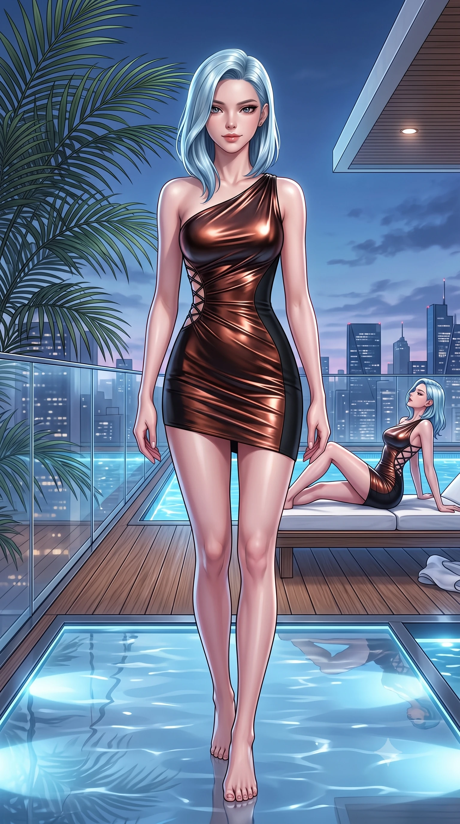 score_9, masterpiece, best quality, ultra-detailed, high-budget anime keyframe, semi-realistic 3D game render, editorial fashion photography, tasteful artistic composition, Korean woman. low angle full-body shot from head to toe showing her feet, filling the entire 9:16 vertical frame with her statuesque presence, stretching her vertical silhouette. striding forward gracefully across the reflective floor with sovereign supermodel poise, hips swaying in an alluring kinetic rhythm that accentuates her curvy hourglass silhouette and long slender legs while lounging beside the illuminated rooftop water basin on a white teak daybed, arching her spine with sovereign supermodel poise against the skyline. The surrounding environment is rendered in vivid detail and crisp panoramic clarity. sharp teak boardwalk grain, palm frond structural venation, and glass parapet clarity in deep focus. She has an exceptionally tall and slender model-like 8.5-heads proportion, an ultra-slim waist, a flat toned midriff, narrow delicate ribcage, and beautifully sculpted feminine hips creating a graceful, slim hourglass silhouette without any bulky heaviness, with impossibly long slender legs. sharp v-shaped jawline, high-bridge nose, intricate jewel-like dark sparkling eyes with dangerous depth, thick curled eyelashes, glossy parted lips with a rich wine sheen, smoldering seductive half-smile with bedroom-eyes, exuding effortless superiority and intoxicating dark allure, flawlessly proportioned anatomical accuracy, strict slender model proportions, natural body alignment, perfectly sculpted long slender limbs, ultra-slim waistline, clean dynamic posture without body distortion. wearing an asymmetric one-shoulder liquid mercury metallic mini dress hugging her narrow waist and curvy hips in dark burnt copper and matte black, tailored from fine lightweight midnight wool crepe with crisp architectural structure, featuring a dramatic criss-cross satin back lacing tracing her slender spine, the form-fitting cut adhering flawlessly to her sculpted flat midriff and slender torso, emphasizing her long leg lines and perfectly proportioned willowy build. illuminated by underwater pool LED downlights and crisp silver rim lighting sharply sculpting her razor-sharp jawline, narrow waist, and curvy hips. highly saturated vibrant anime colors, detailed shading with soft gradients, rich glossy textures, high-contrast stereoscopic depth, volumetric dynamic lighting, master piece, 9:16 ratio