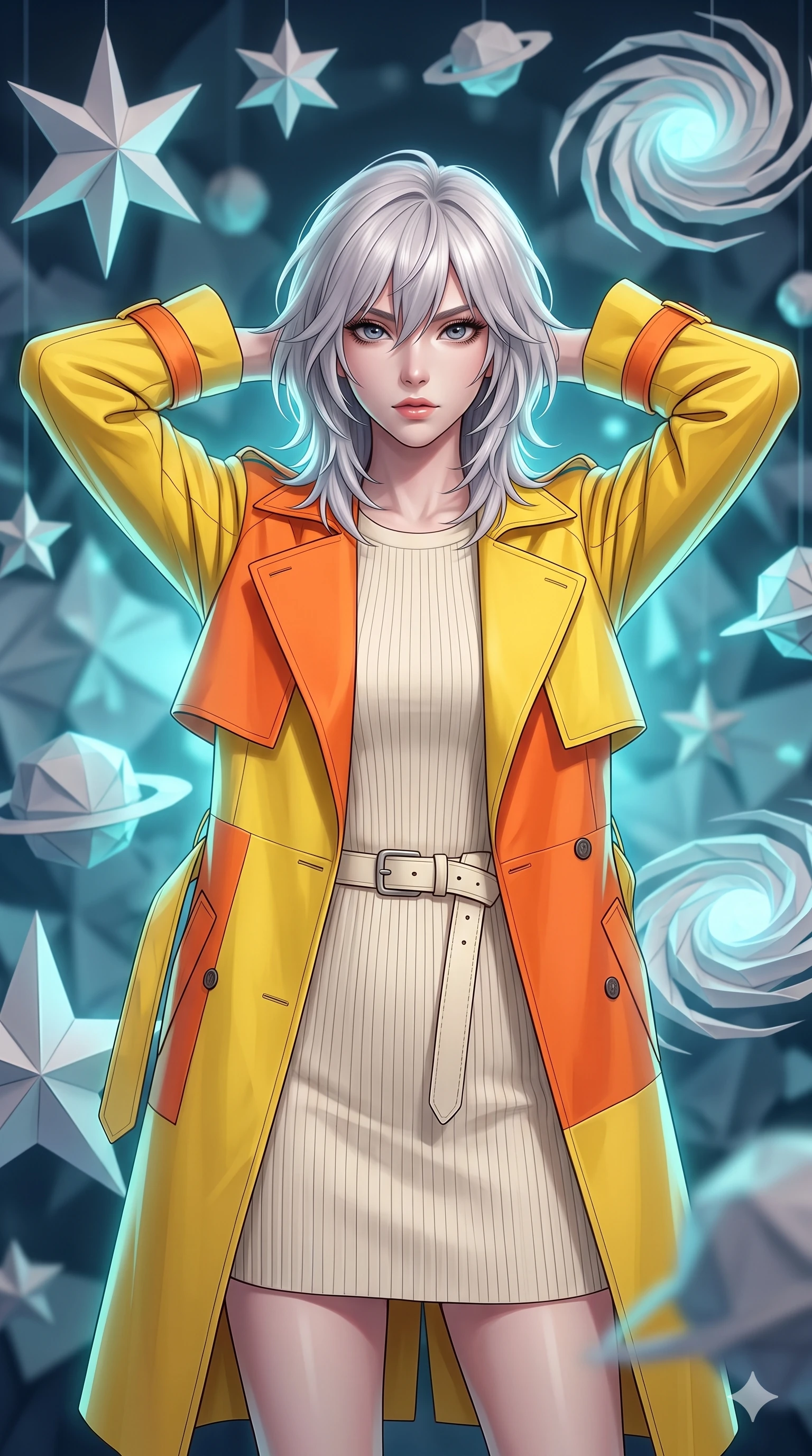 score_9, masterpiece, best quality, ultra-detailed, high-budget anime keyframe, editorial fashion photography, tasteful artistic composition, Japanese woman. close-up cowboy shot from the waist and thighs up, the character dominates the composition, filling the frame with her large presence, background elements kept in soft focus. Placing one hand behind her head with confident body language and a direct stare. set against a soft-focus background of a dimension made entirely of folded paper where origami stars planets and spiral galaxies float in precise geometric formations with crisp paper folds catching light at every angle. She has an exceptionally elegant and slender, willowy female figure with an ultra-slim waist, a gracefully sculpted slender torso, and a refined slim physique. sharp v-shaped jawline, high-bridge nose, intricate jewel-like eyes with depth, thick eyelashes, glossy lips with a natural sheen. wearing a structured color-blocked trench coat in bright canary yellow and tangerine orange, worn over a cream ribbed knit dress with an ivory waist belt. soft aqua bioluminescent light making her skin luminously glow against darkness. 2k, ultra detail, master piece, 9:16 ratio