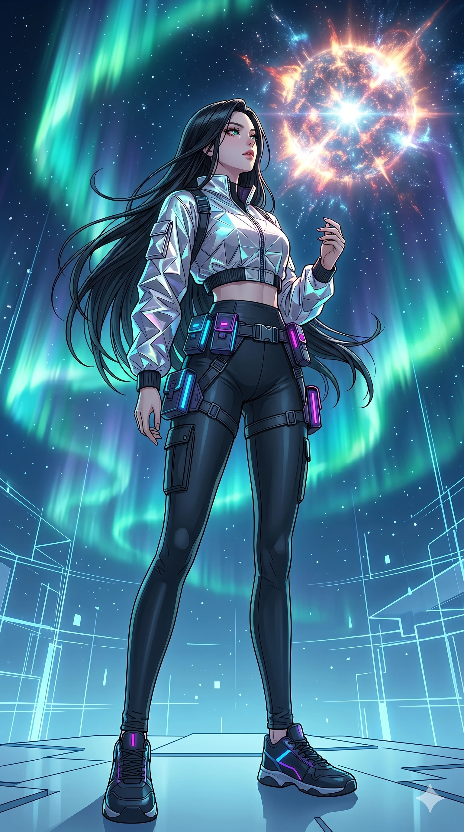 score_9, masterpiece, best quality, ultra-detailed, high-budget anime movie keyframe, cinematic anime lighting, intricate line art, Korean woman. Low angle cowboy shot filling the entire 9:16 frame with her statuesque presence. observing a supernova in a minimalist digital void amidst aurora borealis. She has an absolutely perfect 8-heads proportion, an exceptionally tall and slender female figure with an ultra-slim waist and impossibly long slender legs. sharp v-shaped jawline, high-bridge nose, intricate jewel-like eyes, thick eyelashes, glossy lips. Wearing modern urban tech-wear ensemble with a cropped reflective bomber jacket, ultra-slim high-waisted cargo leggings, and tactical harness with neon-lit pouches. The scene is illuminated by dramatic atmospheric lighting and vibrant color palettes. , 2k, ultra detail, master piece, 9:16 ratio