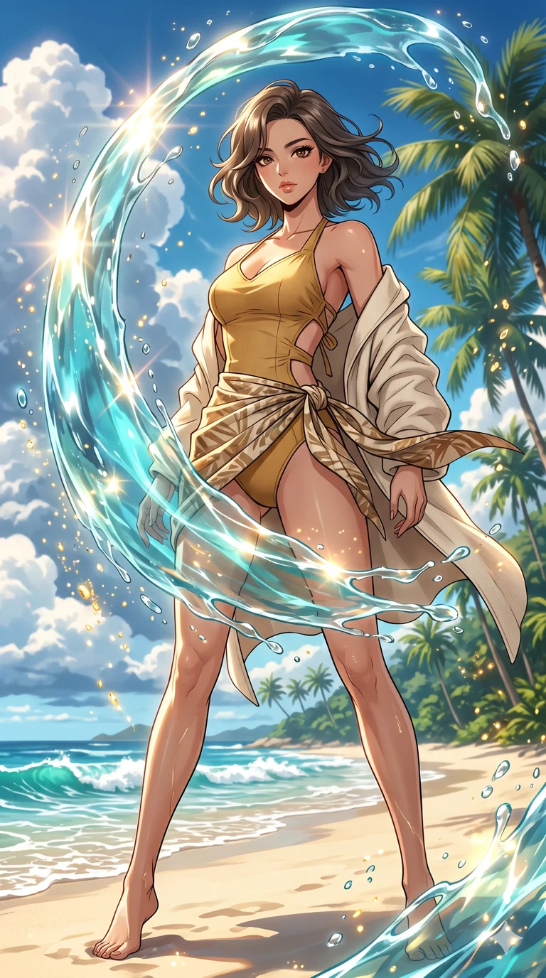 score_9, masterpiece, best quality, ultra-detailed, High-budget Anime Keyframe, beautiful Korean anime girl. Low angle cowboy shot filling the entire 9:16 frame with her overwhelming presence. Summoning a shield of water that reflects the sun on a tropical beach. She has an absolutely perfect 8-heads proportion, an exceptionally tall and slender female figure with impossibly long slender legs and an ultra-slim waist. Sharp v-shaped jawline, high-bridge nose, intricate jewel-like eyes with depth, thick eyelashes, glossy lips with a natural sheen. Wearing a Seasonal/Resort outfit: gold linen sundress with tie-back, high-cut one-piece with sarong, cashmere turtleneck with wrap coat. Background is a bright and colorful environment with cinematic lighting, dynamic particle effects, and high-contrast shadows. 2k, ultra detail, master piece, 9:16 ratio