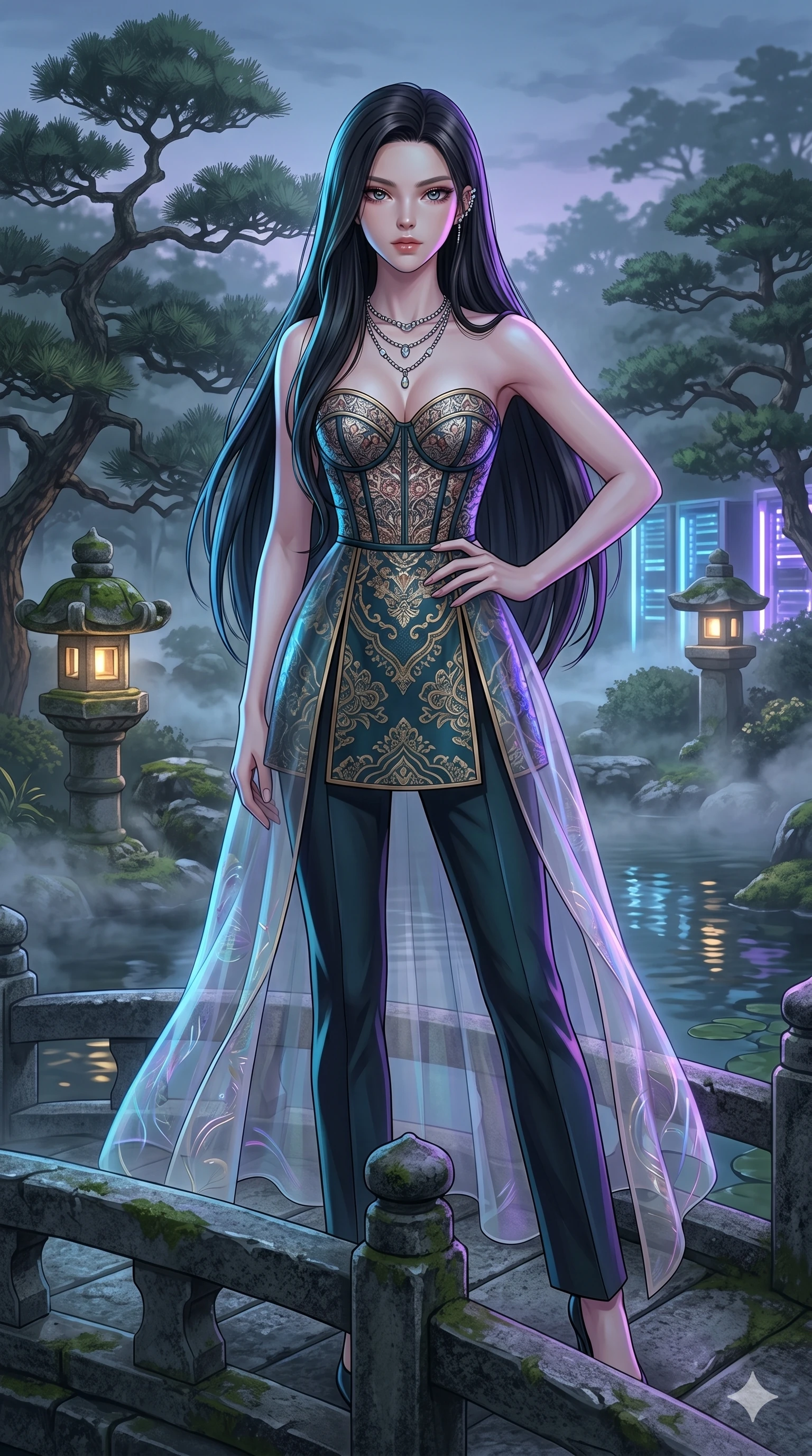 score_9, masterpiece, best quality, ultra-detailed, high-budget anime keyframe, editorial fashion photography, tasteful artistic composition, Korean woman. cowboy shot from the thighs up, character and outfit filling the frame for maximum editorial presence. holding a powerful pose, looking past the camera with an air of effortless superiority on a bridge in a Japanese garden with rising mist (Code-P17-186). She has an absolutely perfect 8-heads proportion, an exceptionally tall and slender female figure with impossibly long slender legs and an ultra-slim waist. V-shaped jawline, high-bridge nose, intricate jewel-like eyes with depth, thick eyelashes, glossy lips with a natural sheen. wearing a structured patterned embroidery structured bodice with sweetheart neckline showing her sculpted contours. neon blue and violet light from the servers casting sharp specular highlights on her outfit. 2k, ultra detail, master piece, 9:16 ratio