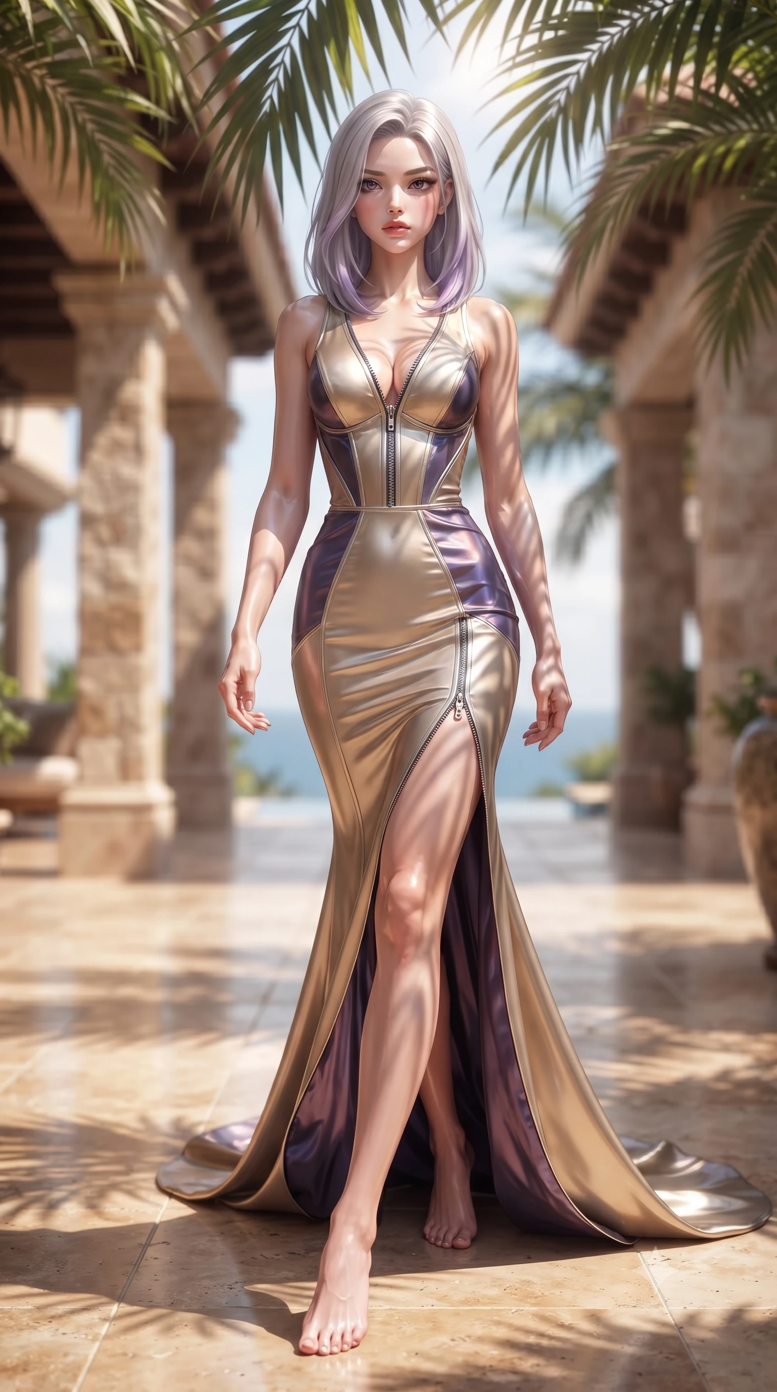 score_9, masterpiece, best quality, ultra-detailed, high-budget anime keyframe, editorial fashion photography, tasteful artistic composition, Caucasian woman. low angle full-body shot from head to toe showing her feet, filling the entire 9:16 vertical frame with her statuesque presence, stretching her vertical silhouette. stepping gracefully through the luxurious environment, stretching her statuesque silhouette, walking across warm travertine tiles as palm fronds filter bright sunlight, dewy natural skin finish with glossy lips and thick dark lashes. She has an absolutely perfect, statuesque 8.5-heads proportion, an exceptionally tall and slender model-like female figure with impossibly long slender legs and an ultra-slim waist. sharp v-shaped jawline, high-bridge nose, intricate jewel-like eyes with depth, thick eyelashes, glossy lips with a natural sheen. wearing fitted liquid mercury jersey maxi dress hugging every curve in champagne gold, made of iridescent dark violet taffeta, finished with metallic silver boning and sleek zipper points, highlighting her statuesque proportions and ultra-slim waistline. surrounded by a radiant sunlit ambiance with sharp organic leaf shadows. ultra-reflective glossy finish, specular highlights, metallic sheen, high-contrast stereoscopic depth, volumetric dynamic lighting, 2k, ultra detail, master piece, 9:16 ratio