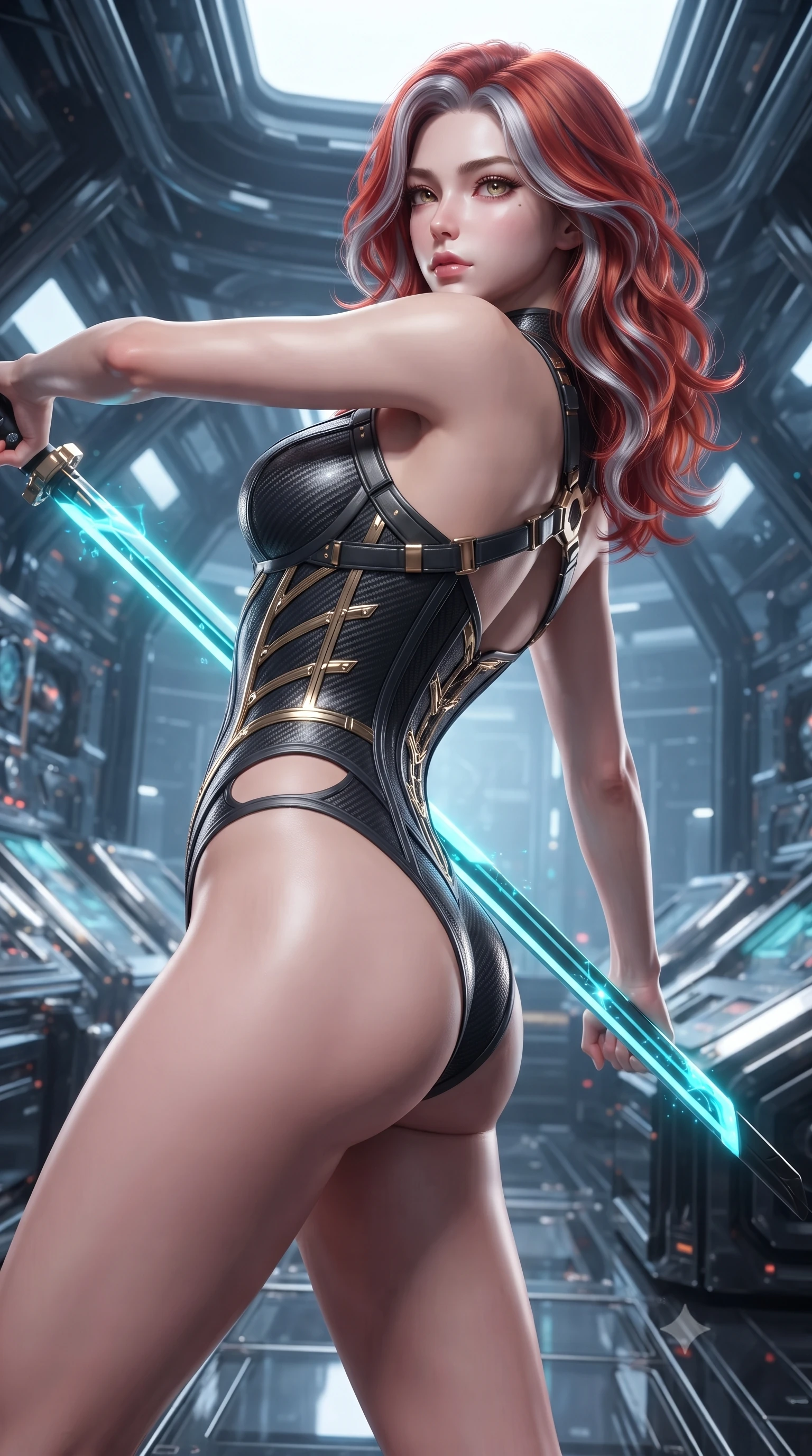 score_9, masterpiece, best quality, ultra-detailed, high-budget anime keyframe, editorial fashion photography, tasteful artistic composition, Caucasian woman. close-up cowboy shot from the waist and thighs up, the character dominates the composition, filling the frame with her large presence. stretching forward with an alluring arch of her spine, glancing over her shoulder with divine self-assurance and magnetic intensity while arching her back gracefully with full draw-string tension, her long slender legs and torso creating a sweeping line of power. The surrounding environment is rendered in vivid detail and crisp panoramic clarity. intricate carbon armor joint mesh, glass bridge reflections, and coolant pipe pressure gauges in high resolution. She has an exceptionally elegant, slender, and willowy female figure with an ultra-slim waist, a gracefully sculpted slender torso, toned flat midriff, and a refined slim silhouette. sharp v-shaped jawline, high-bridge nose, intricate jewel-like eyes with depth, thick eyelashes, glossy lips with a natural sheen, flawlessly proportioned anatomical accuracy, strict slender model proportions, natural body alignment, perfectly sculpted long slender limbs, ultra-slim waistline, clean dynamic posture without body distortion. wearing a precision-tailored high-fashion carbon-fiber corset bodysuit with gold mechanical rib boning, wielding a glowing energy katana with royal elegance in matte obsidian carbon black with electric cyan conduits, crafted from ultra-strong woven carbon-fiber composite with a satin luster, reinforced by a sleek titanium tactical harness and glowing micro-energy straps, the precision-cut daring openings accentuating her delicate midriff, graceful bare collarbones, and ultra-slim feminine waistline. surrounded by a sacred, mystical, and breathtakingly powerful high-tech archer goddess atmosphere. ultra-reflective glossy finish, specular highlights, dark metallic sheen, high-contrast stereoscopic depth, volumetric dynamic lighting, 2k, ultra detail, master piece, 9:16 ratio