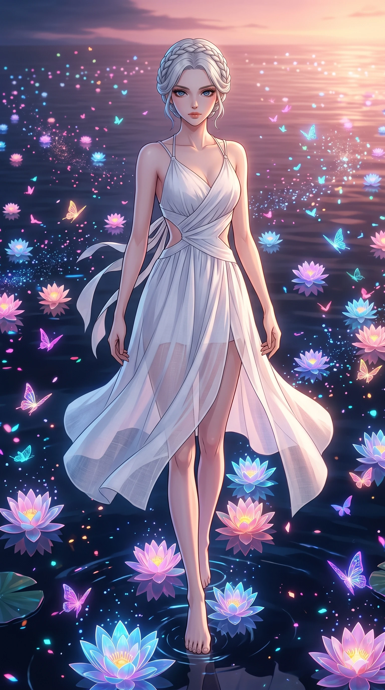 score_9, masterpiece, best quality, ultra-detailed, High-budget Anime Keyframe, vibrant colors, fluid line-art, expressive lighting, cinematic composition, Ufotable-style visual effects, top-tier animation quality, Japanese woman with delicate and elegant anime-inspired features. Low angle cowboy shot filling the entire 9:16 frame with her statuesque presence, looking up to emphasize her height. Creating a path of glowing lotus flowers with every step across a dark lake. She has an absolutely perfect 8-heads proportion, an exceptionally tall and slender female figure with impossibly long slender legs and an ultra-slim waist, her statuesque height and towering silhouette dominating the vertical 9:16 frame. Her face is a masterpiece featuring a sharp v-shaped jawline, high-bridge nose, intricate jewel-like eyes with depth, thick eyelashes, and glossy lips with a natural sheen. She is wearing a Flowy white linen sundress with a tie-back detail, asymmetrical cutouts on the waist, and sheer transparency.. The scene is set in a digital garden filled with holographic lotus flowers and neon butterflies. 2k, ultra detail, master piece, 9:16 ratio