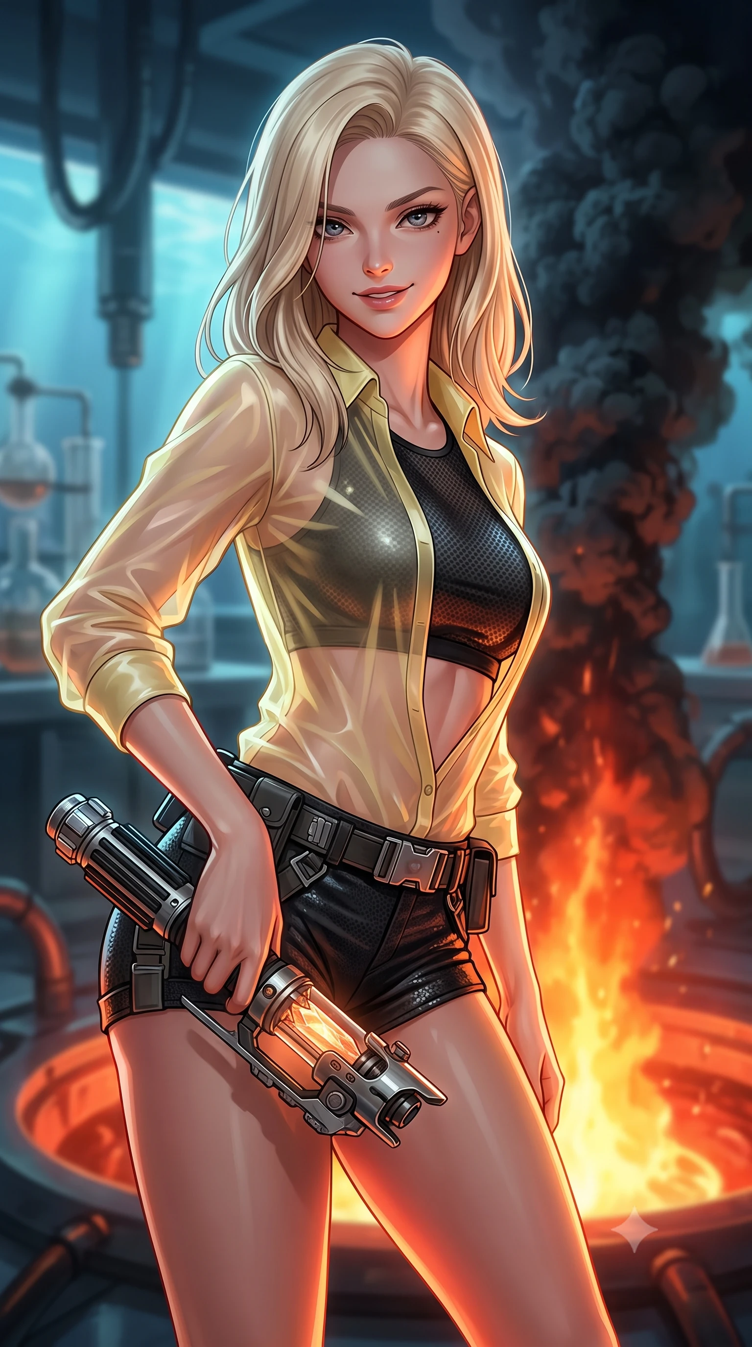 score_9, masterpiece, best quality, ultra-detailed, high-budget anime keyframe, editorial fashion photography, tasteful artistic composition, Caucasian woman. close-up cowboy shot from the waist and thighs up, the character dominates the composition, filling the frame with her large presence, background elements kept in soft focus. leaning slightly forward with a playful, teasing smile while holding a deactivated plasma saber hilt, the background shows a soft-focus a sub-oceanic laboratory overlooking a hydrothermal vent spewing mineral soot. She has an exceptionally elegant, slender, and willowy female figure with an ultra-slim waist, a gracefully sculpted slender torso, and a refined silhouette. sharp v-shaped jawline, high-bridge nose, intricate jewel-like eyes with depth, thick eyelashes, glossy lips with a natural sheen. wearing a slim-fit sheer organza combat shirt in pale yellow, worn open over a carbon-mesh crop top and micro-shorts. the intense orange and red glow of the thermal vent casting dramatic under-lighting. highly saturated vibrant anime colors, detailed shading with soft gradients, rich glossy textures, high-contrast stereoscopic depth, volumetric dynamic lighting, master piece, 9:16 ratio