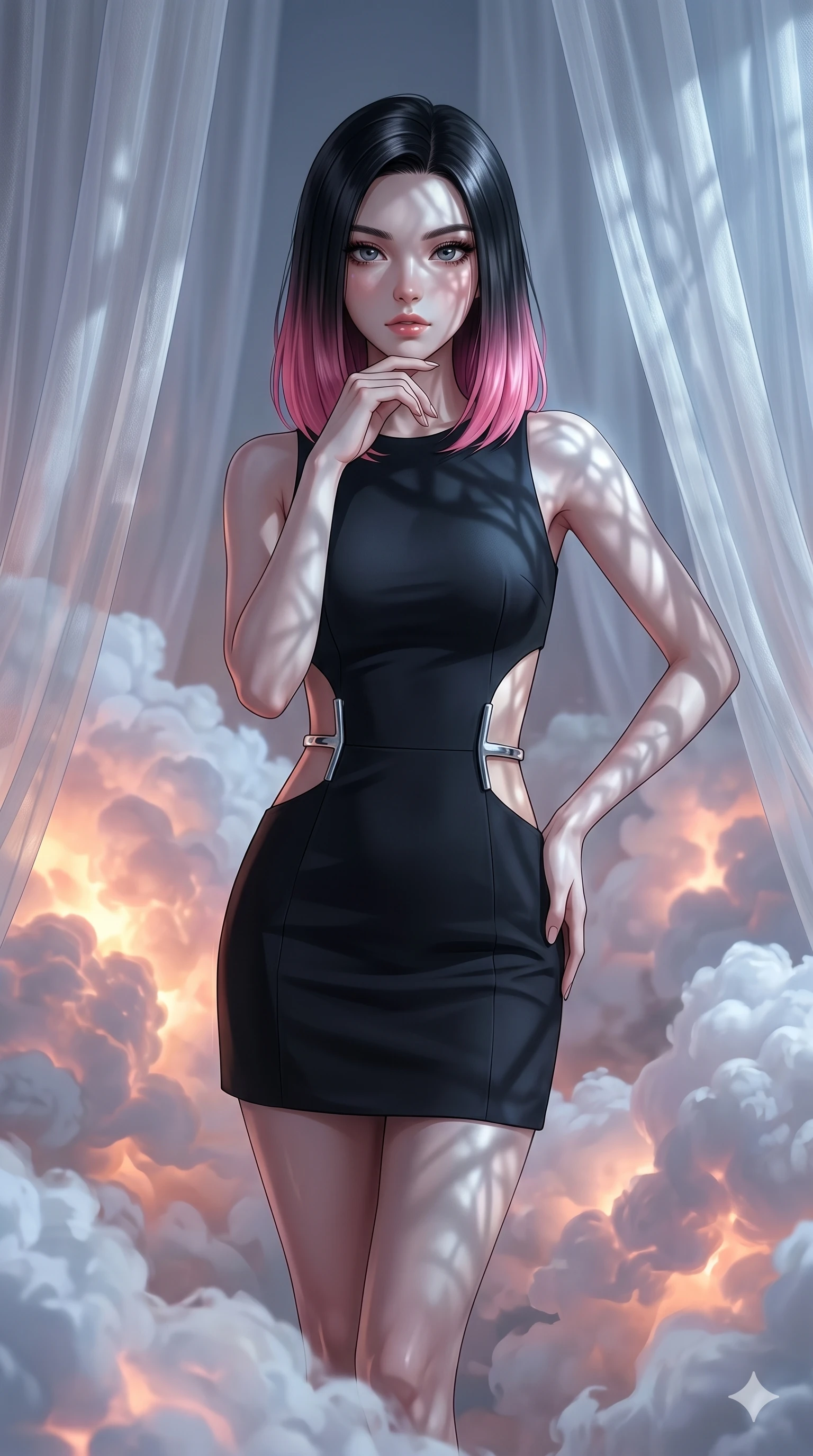 score_9, masterpiece, best quality, ultra-detailed, high-budget anime keyframe, editorial fashion photography, tasteful artistic composition, Korean woman. cowboy shot from the thighs up, character and outfit filling the frame for maximum editorial presence. Resting her chin on the backs of her fingers in a confident pose inside a luminous cloud palace where cumulus formations glow with amber and rose from within. She has an absolutely perfect 8-heads proportion, an exceptionally tall and slender female figure with impossibly long slender legs and an ultra-slim waist. V-shaped jawline, high-bridge nose, intricate jewel-like eyes with depth, thick eyelashes, glossy lips with a natural sheen. wearing a structured matte black mini dress with bold geometric cutouts revealing glimpses of the waist and side torso, framed by chrome architectural hardware against a precision-fitted base. bathed in cold silver moonlight filtered through translucent gossamer curtains casting soft shadows on her curves. 2k, ultra detail, master piece, 9:16 ratio