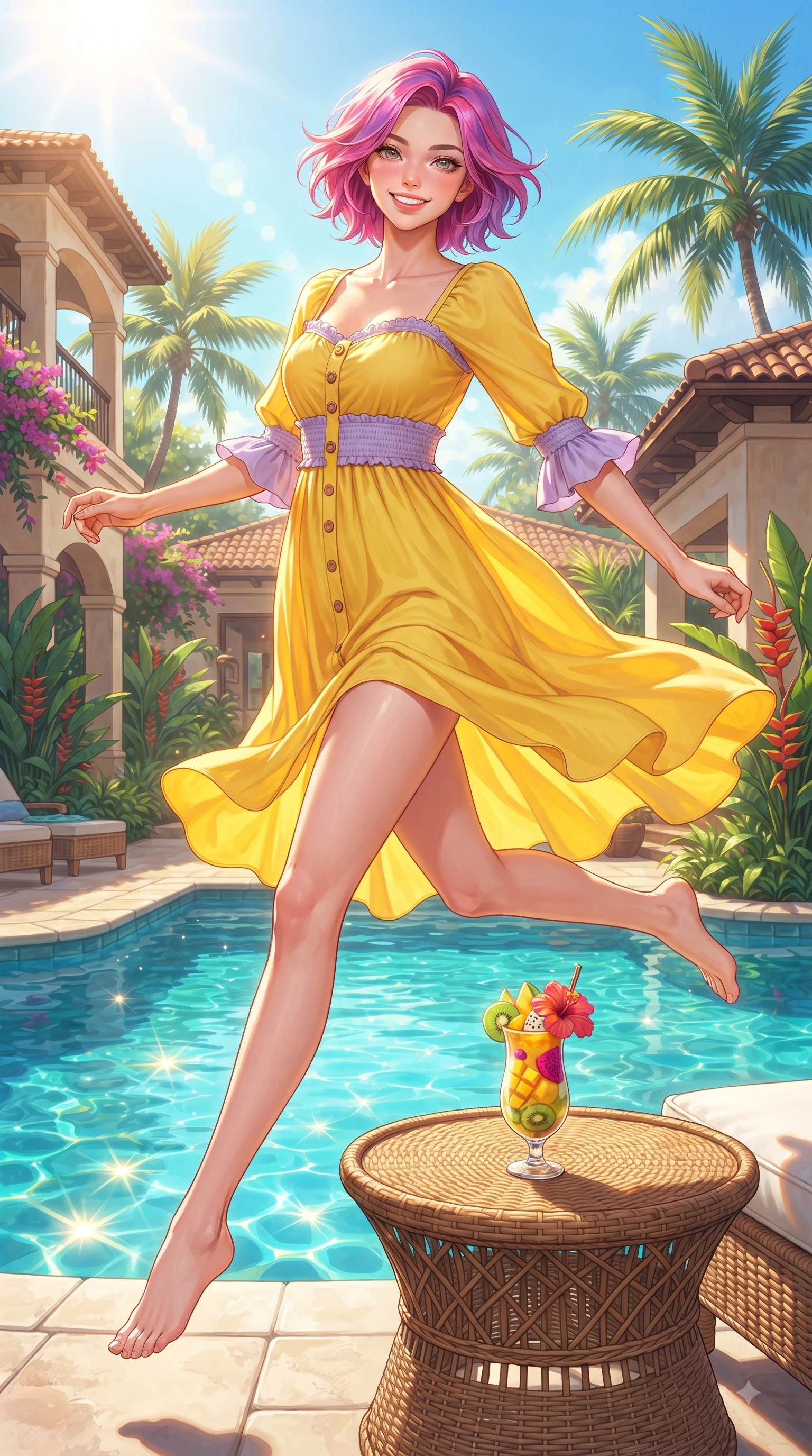 score_9, masterpiece, best quality, ultra-detailed, high-budget anime keyframe, editorial fashion photography, tasteful artistic composition, Caucasian woman. low angle full-body shot from head to toe showing her feet, filling the entire 9:16 vertical frame with her statuesque presence, stretching her vertical silhouette. leaping with pure youthful energy through the scene with a radiant bright smile, her long slender legs balanced gracefully while sitting at a sun-drenched wicker poolside table enjoying a colorful tropical fruit smoothie. The surrounding environment is rendered in vivid detail and crisp panoramic clarity. luxury resort architecture, shimmering turquoise pools, and tropical garden landscapes in deep focus. She has an absolutely perfect, statuesque 8.5-heads proportion, an exceptionally tall and slender model-like female figure with impossibly long slender legs and an ultra-slim waist. sharp v-shaped jawline, high-bridge nose, intricate jewel-like eyes with depth, thick eyelashes, glossy lips with a natural sheen, flawlessly proportioned anatomical accuracy, natural body alignment, perfectly sculpted elegant limbs, clean dynamic posture without body distortion. wearing a sunny yellow cotton sundress with a sweetheart neckline and wooden button accents in soft lemon yellow and lavender violet, made of comfortable premium stretch denim and soft jersey, accented with soft smocked details and fluttery cuffs, the relaxed yet flattering fit accentuating her naturally graceful and slender figure. bathed in bright tropical sunshine and glittering pool water refractions. ultra-reflective glossy finish, specular highlights, metallic sheen, high-contrast stereoscopic depth, volumetric dynamic lighting, 2k, ultra detail, master piece, 9:16 ratio