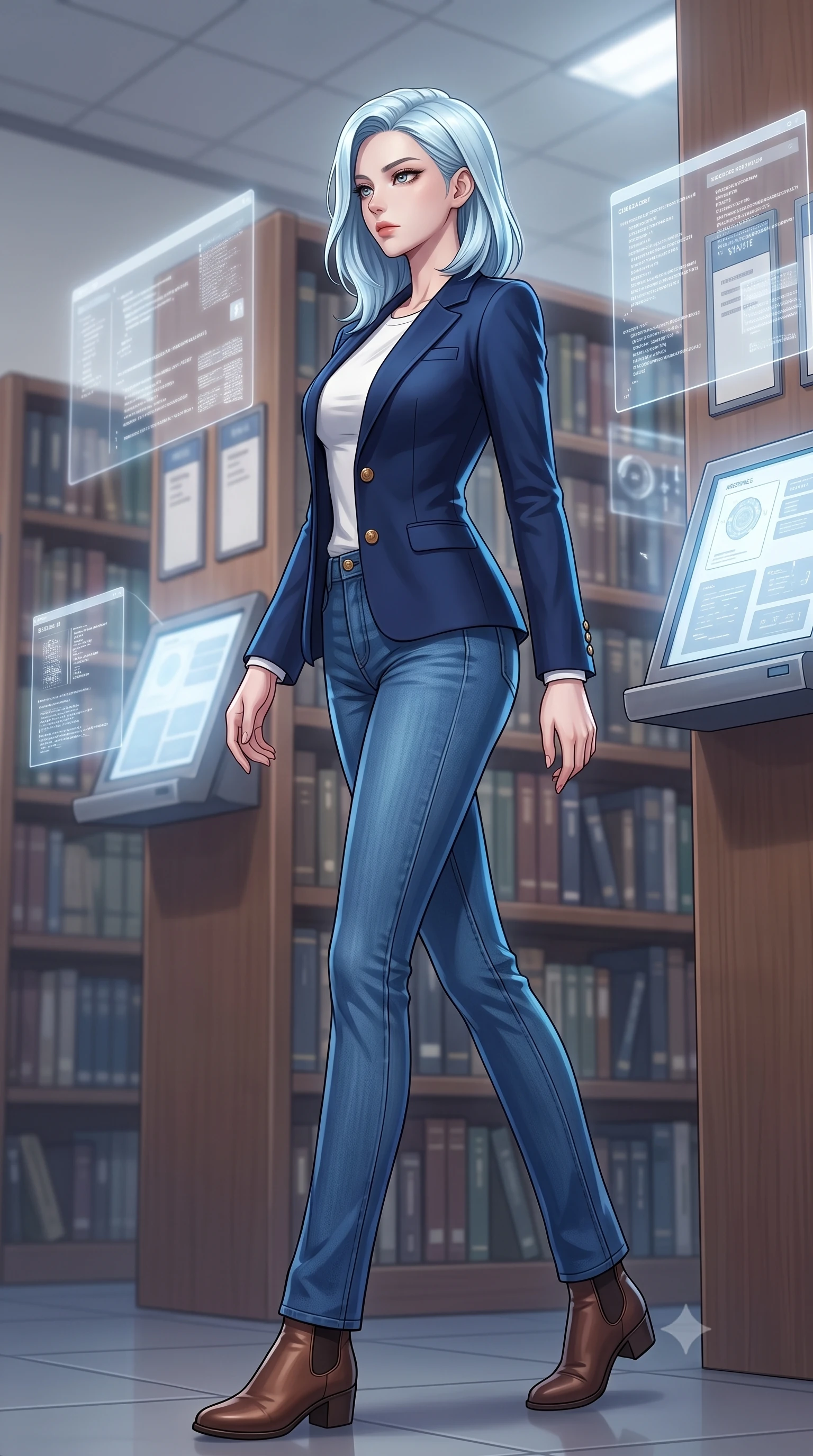 score_9, masterpiece, best quality, ultra-detailed, high-budget anime keyframe, tasteful artistic composition, Korean woman. low angle full-body shot from head to toe showing her feet, filling the entire 9:16 vertical frame with her statuesque presence, stretching her vertical silhouette. stepping gracefully while looking back over her shoulder, her dress draped tightly to reveal her silhouette the background shows a soft-focus a quiet library archives room with digital books emitting soft holograms. She has an absolutely perfect, statuesque 8.5-heads proportion, an exceptionally tall and slender model-like female figure with impossibly long slender legs and an ultra-slim waist. sharp v-shaped jawline, high-bridge nose, intricate jewel-like eyes with depth, thick eyelashes, glossy lips with a natural sheen. wearing a body-hugging classic navy blue blazer over a white crewneck shirt and straight-leg blue jeans. soft white and blue glow casting an intelligent, mysterious ambiance. highly saturated vibrant anime colors, cel-shading, 2d style, master piece, 9:16 ratio