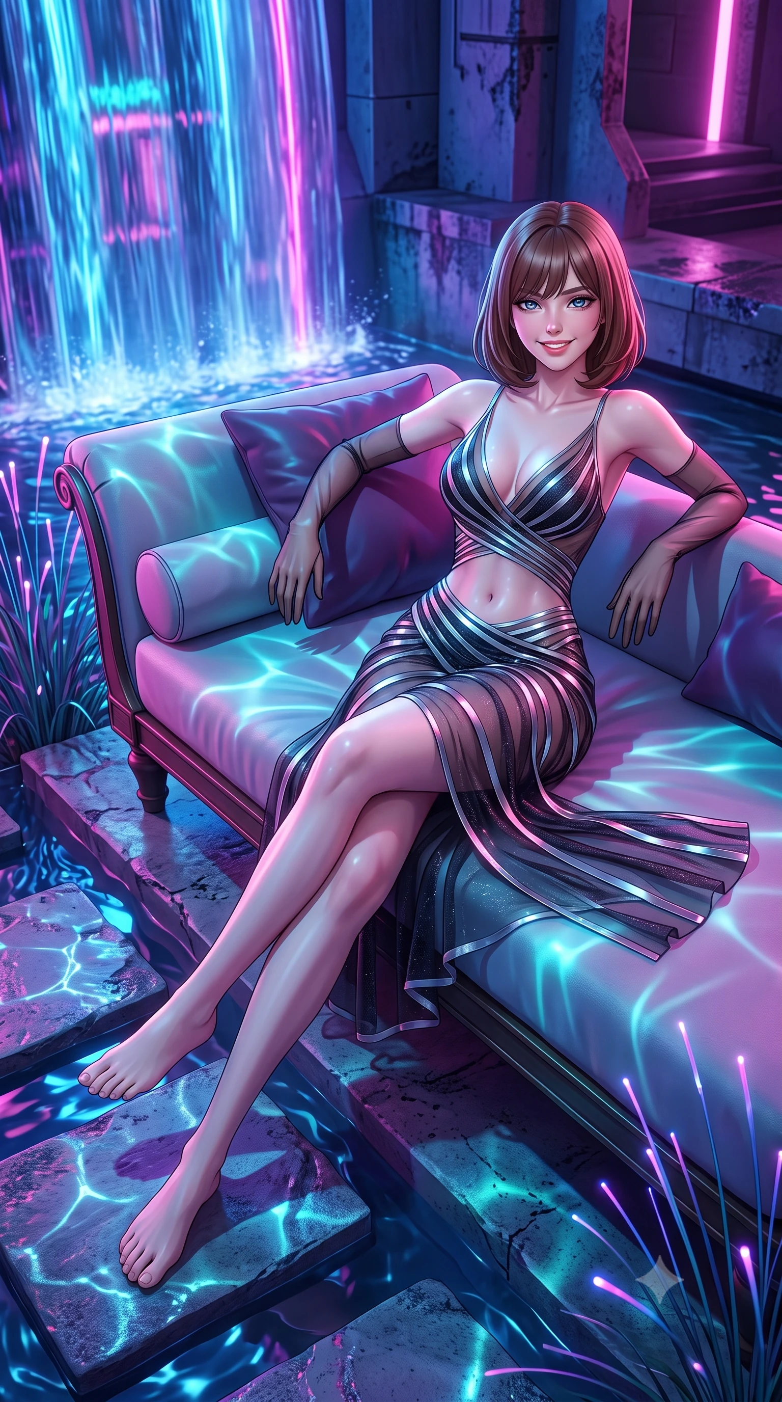 score_9, masterpiece, best quality, ultra-detailed, high-budget anime keyframe, semi-realistic 3D game render, editorial fashion photography, tasteful artistic composition, Caucasian woman. low angle full-body shot from head to toe showing her feet, filling the entire 9:16 vertical frame with her statuesque presence, stretching her vertical silhouette. lounging on the lavish daybed with legs crossed and hips angled toward the camera, displaying her toned midriff and long slender limbs with effortless siren poise while twisting her slender torso in an alluring S-curve beside the cascading neon waterfall, vibrant aqua caustics playing across her flat midriff and hips. The surrounding environment is rendered in vivid detail and crisp panoramic clarity: sharp water ripple reflections on stepping stones, weathered cyber-concrete textures, and fiber-optic reed stems in deep focus. She has an exceptionally tall and slender model-like 8.5-heads proportion, an ultra-slim waist, a flat toned midriff, narrow delicate ribcage, and beautifully sculpted feminine hips creating a graceful, slim hourglass silhouette without any bulky heaviness, with impossibly long slender legs. sharp v-shaped jawline, high-bridge nose, intricate jewel-like sparkling eyes with depth, thick eyelashes, glossy parted lips with a natural peach sheen, bright cheerful beaming smile with an enchanting and coquettish sensual glint, exuding both youthful cute charm and seductive allure, flawlessly proportioned anatomical accuracy, strict slender model proportions, natural body alignment, perfectly sculpted long slender limbs, ultra-slim waistline, clean dynamic posture without body distortion. wearing a plunge-front sheer illusion tulle slip dress with liquid platinum ribbon stripes hugging her curves in matte carbon fiber black and polished chrome, woven from stretch metallic lurex jersey casting radiant starlight glints across her curves, complemented by sheer opera-length evening gloves tracing her slender arms, the second-skin tailored fabric adhering flawlessly to her sculpted flat midriff and slender torso, emphasizing her long leg lines and perfectly proportioned willowy build. illuminated by canal water reflection bounce and sharp neon-pink rim lights sculpting her jawline, narrow waist, and curvy hips. highly saturated vibrant anime colors, detailed shading with soft gradients, rich glossy textures, high-contrast stereoscopic depth, volumetric dynamic lighting, master piece, 9:16 ratio