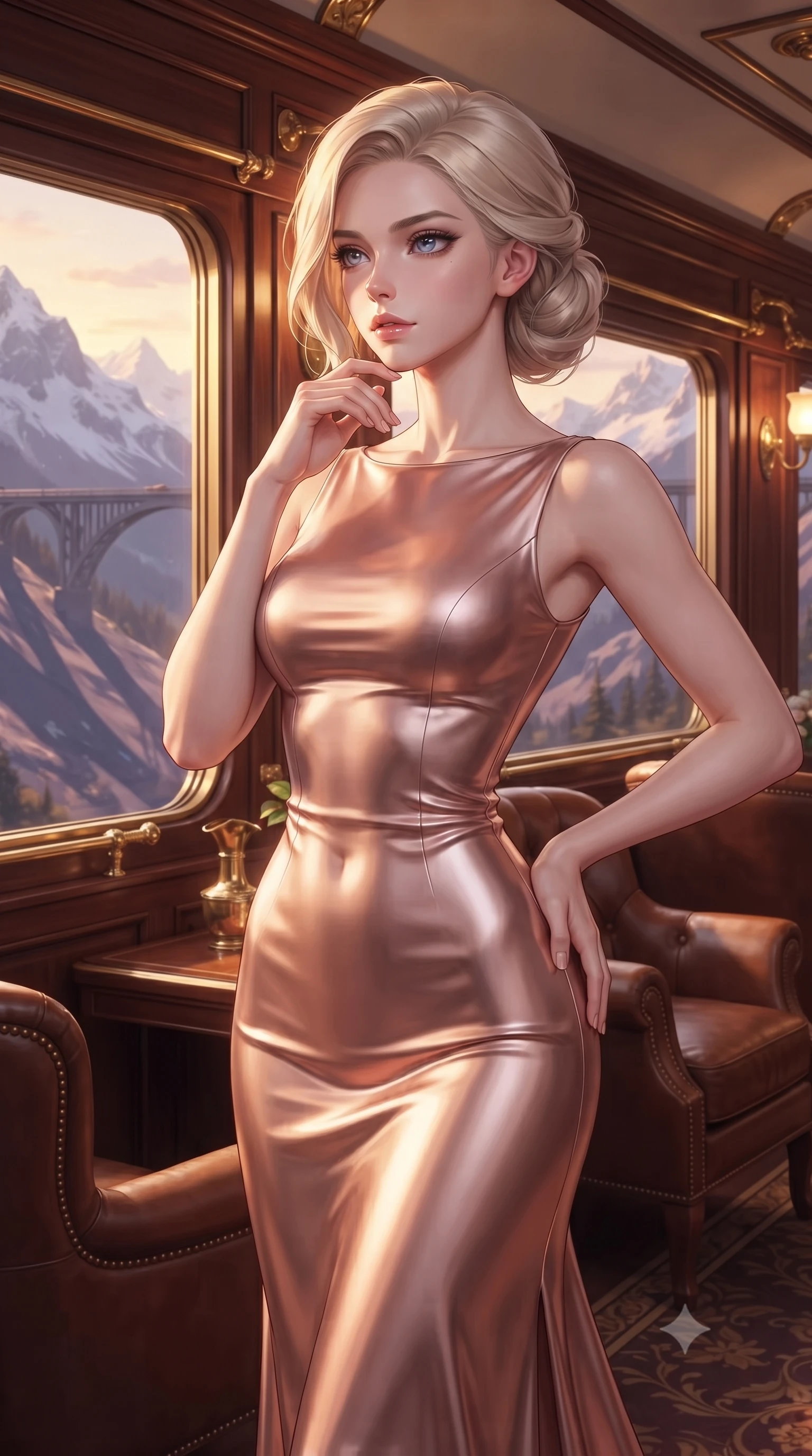 score_9, masterpiece, best quality, ultra-detailed, high-budget anime keyframe, editorial fashion photography, tasteful artistic composition, Caucasian woman, strictly human ears. close-up cowboy shot from the waist and thighs up, the character dominates the composition, filling the frame with her large presence, background elements kept in soft focus. Gazing past the camera with an air of effortless superiority. set against a soft-focus background of the observation car of a legendary luxury train crossing a spectacular mountain bridge at sunset with polished mahogany panels brass fittings leather armchairs and panoramic windows framing snow-capped peaks. She has an exceptionally elegant and slender, willowy female figure with an ultra-slim waist, a gracefully sculpted slender torso, and a refined slim physique. sharp v-shaped jawline, high-bridge nose, intricate jewel-like eyes with depth, thick eyelashes, glossy lips with a natural sheen. wearing a liquid metallic rose gold evening gown with a high boat neckline, flowing like liquid metal along her statuesque slender frame. warm sunset light streaming through panoramic windows catching the brass and mahogany with golden highlights while mountain shadows create dramatic long purple shadows outside. 2k, ultra detail, master piece, 9:16 ratio