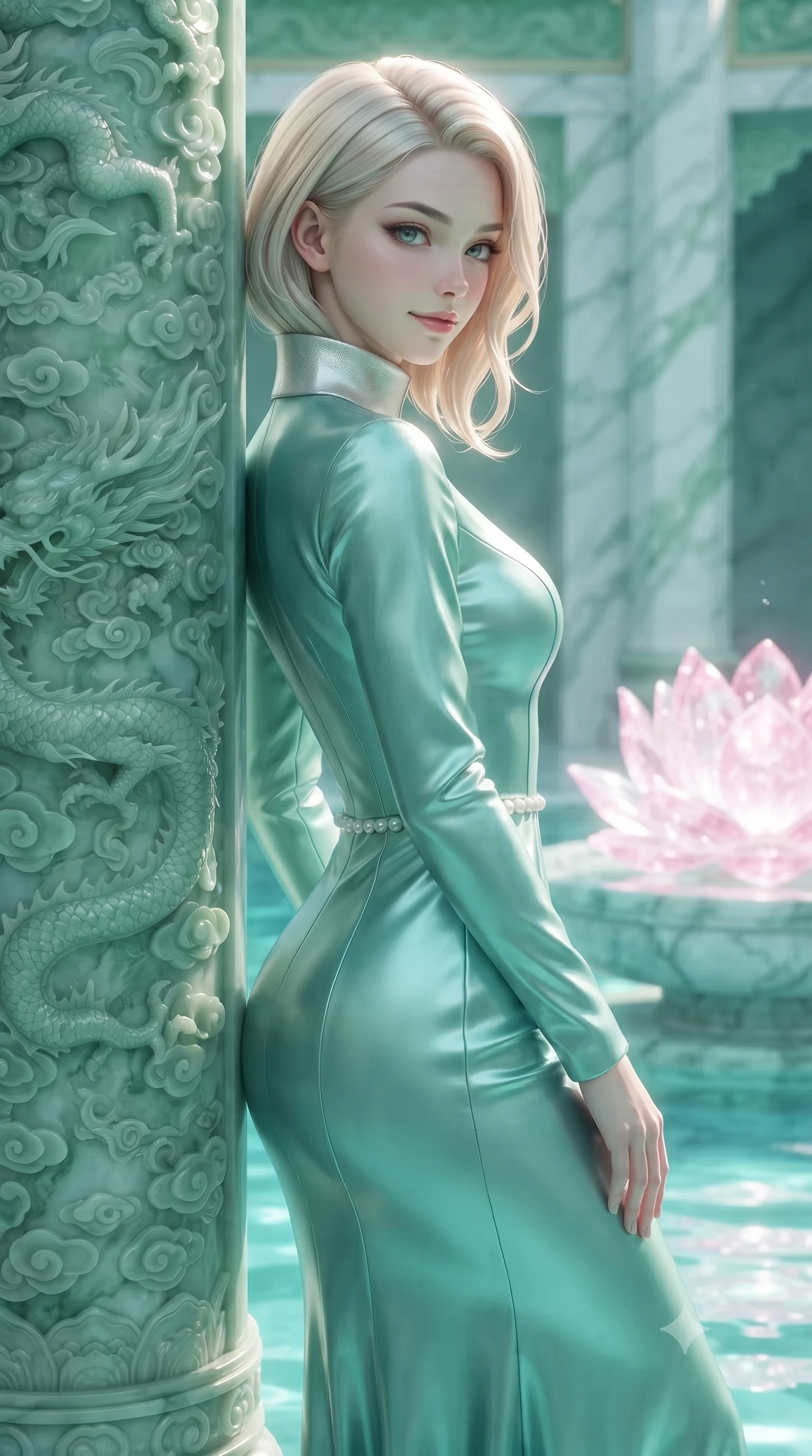 score_9, masterpiece, best quality, ultra-detailed, high-budget anime keyframe, editorial fashion photography, tasteful artistic composition, Caucasian woman. close-up cowboy shot from the waist and thighs up, the character dominates the composition, filling the frame with her large presence, background elements kept in soft focus. Glancing sidelong over her shoulder with a smoldering half-smile, resting against a carved jade pillar beside a glowing pink crystal lotus fountain, soft green and white marble architecture in background soft-focus. She has an exceptionally elegant, slender, and willowy female figure with an ultra-slim waist, a gracefully sculpted slender torso, and a refined silhouette. sharp v-shaped jawline, high-bridge nose, intricate jewel-like eyes with depth, thick eyelashes, glossy lips with a natural sheen. wearing long-sleeved seafoam green satin gown with high structured collar in radiant platinum, made of iridescent turquoise taffeta, adorned with minimalist pearl hardware framing the waistline, following her slender form with tailored precision. bathed in serene turquoise water reflections and bright pastel highlights. ultra-reflective glossy finish, specular highlights, metallic sheen, high-contrast stereoscopic depth, volumetric dynamic lighting, 2k, ultra detail, master piece, 9:16 ratio