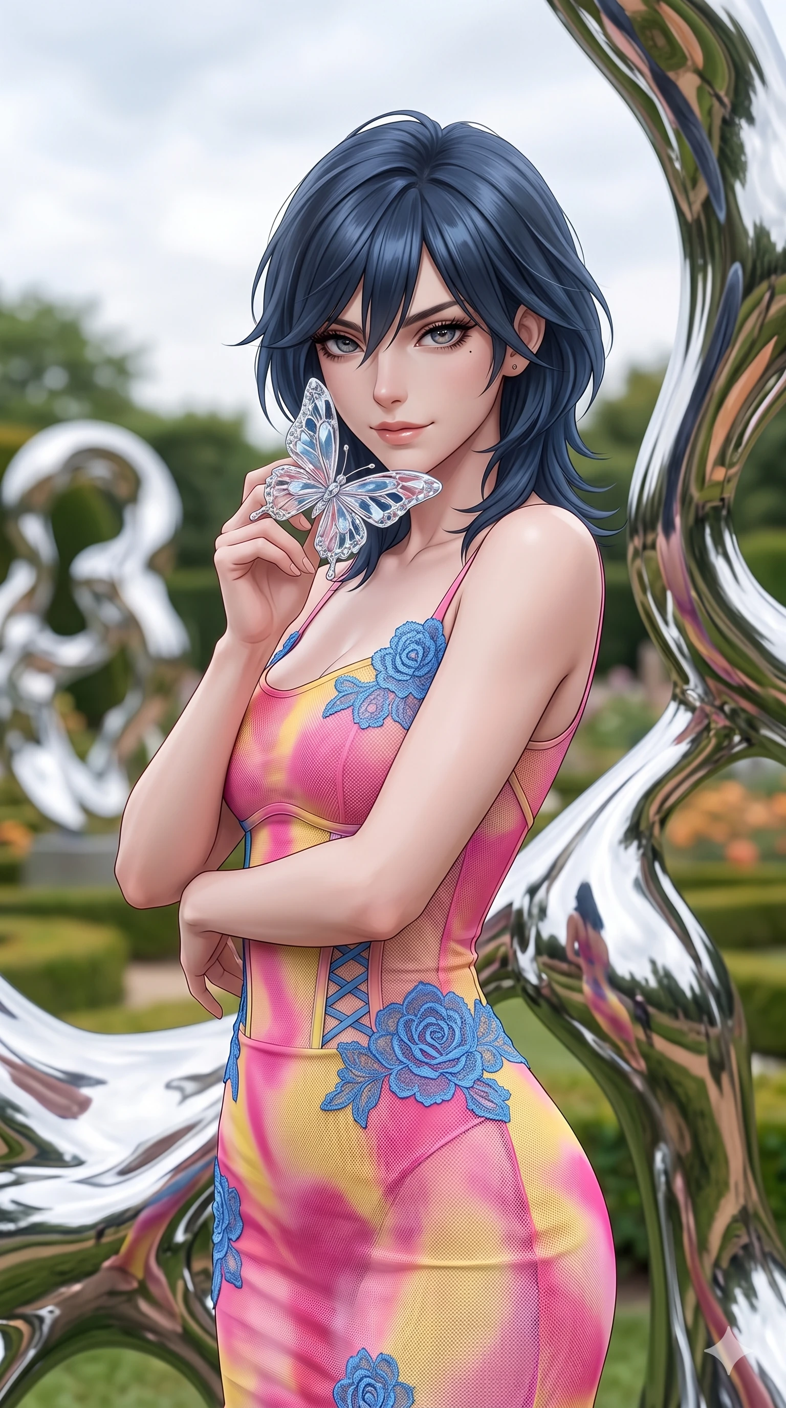 score_9, masterpiece, best quality, ultra-detailed, high-budget anime keyframe, editorial fashion photography, tasteful artistic composition, Caucasian woman, strictly human ears. close-up cowboy shot from the waist and thighs up, the character dominates the composition, filling the frame with her large presence, background elements kept in soft focus. Holding a delicate object up near her face while gazing at the viewer with a knowing smile. set against a soft-focus background of a manicured garden filled with abstract sculptures made of living liquid chrome that constantly shift and reshape themselves reflecting and distorting the surrounding landscape in mercurial curves. She has an exceptionally elegant and slender, willowy female figure with an ultra-slim waist, a gracefully sculpted slender torso, and a refined slim physique. sharp v-shaped jawline, high-bridge nose, intricate jewel-like eyes with depth, thick eyelashes, glossy lips with a natural sheen. wearing a barely-there mesh bodycon dress in a vibrant pink and yellow gradient, with strategically placed blue lace rosettes and corset clasps. bright overcast sky providing even soft light that creates perfect mirror reflections on the chrome surfaces with subtle warm undertones from the garden greenery. 2k, ultra detail, master piece, 9:16 ratio