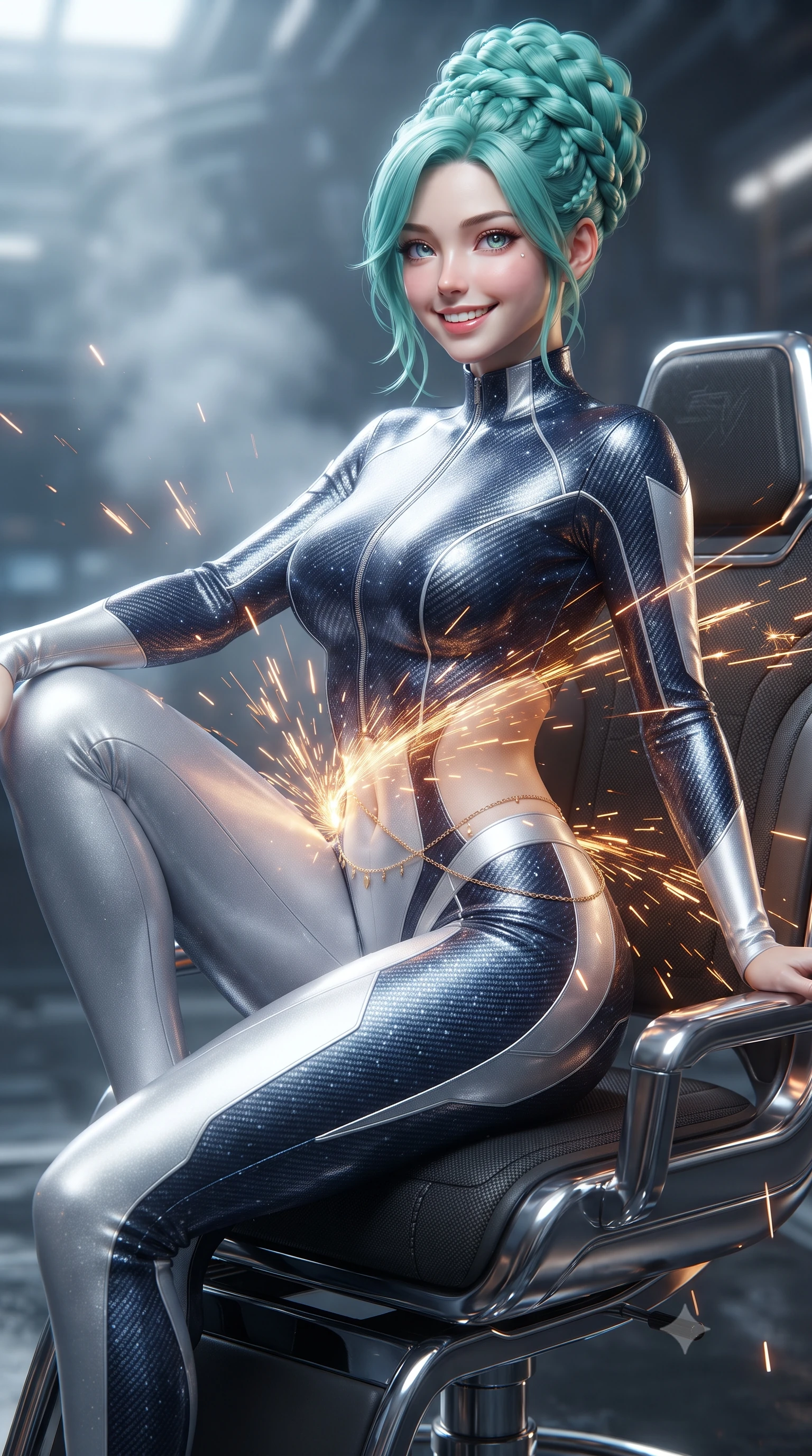 score_9, masterpiece, best quality, ultra-detailed, high-budget anime keyframe, editorial fashion photography, tasteful artistic composition, Japanese woman. close-up cowboy shot from the waist and thighs up, the character dominates the composition, filling the frame with her large presence. perched sideways on the lounge seat, one knee drawn up to showcase her slender leg line while her arched back accentuates her feminine hip curve while twisting her slender torso in an alluring contrapposto stance, cascades of welding sparks painting dynamic molten gold light ribbons across her narrow waist and hips. The background shows a soft-focus welding vapor haze softened in zero-gravity naval drydock shallow focus. She has an exceptionally elegant, slender, and willowy female figure with an ultra-slim waist, flat toned midriff, narrow ribcage, and sculpted feminine hips creating an alluring, slim hourglass silhouette without bulk. sharp v-shaped jawline, high-bridge nose, intricate jewel-like sparkling eyes with depth, thick eyelashes, glossy parted lips with a natural peach sheen, bright cheerful beaming smile with an enchanting and coquettish sensual glint, exuding both youthful cute charm and seductive allure, flawlessly proportioned anatomical accuracy, strict slender model proportions, natural body alignment, perfectly sculpted long slender limbs, ultra-slim waistline, clean dynamic posture without body distortion. wearing a glove-like stretch carbon-fiber weave catsuit with metallic sheen outlining every millimeter of her statuesque 8.5-heads silhouette in pristine orbital navy white and silver starlight, crafted from bespoke double-faced cashmere with an exceptionally soft tactile finish, accented with a dainty gold belly chain resting across her flat midriff and curving hips, the impeccably tailored cut draping gracefully along her slender figure with aristocratic poise. illuminated by dark hull reflection bounce and sharp molten-gold rim lights sculpting her razor-sharp jawline, narrow waist, and curvy hips. ultra-reflective glossy finish, specular highlights, rich textural contrasts, high-contrast stereoscopic depth, volumetric dynamic lighting, 2k, ultra detail, master piece, 9:16 ratio