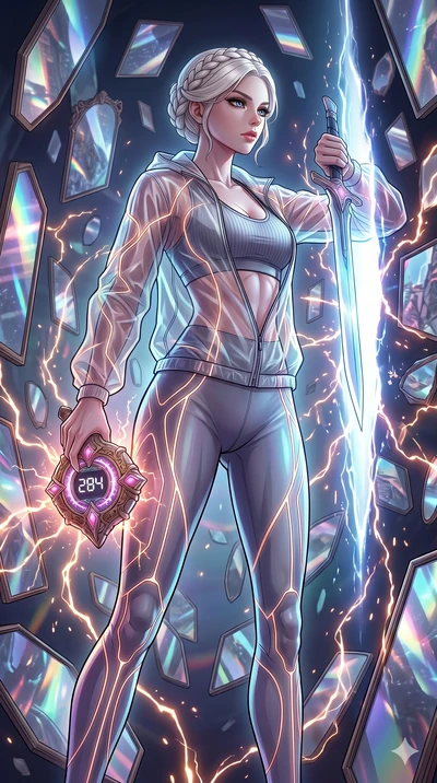 score_9, masterpiece, best quality, ultra-detailed, Set A: High-budget Anime Keyframe, Caucasian (strictly human ears) woman. Low angle cowboy shot filling the entire 9:16 frame with her statuesque presence. Drawing a blade through a dimension of flo