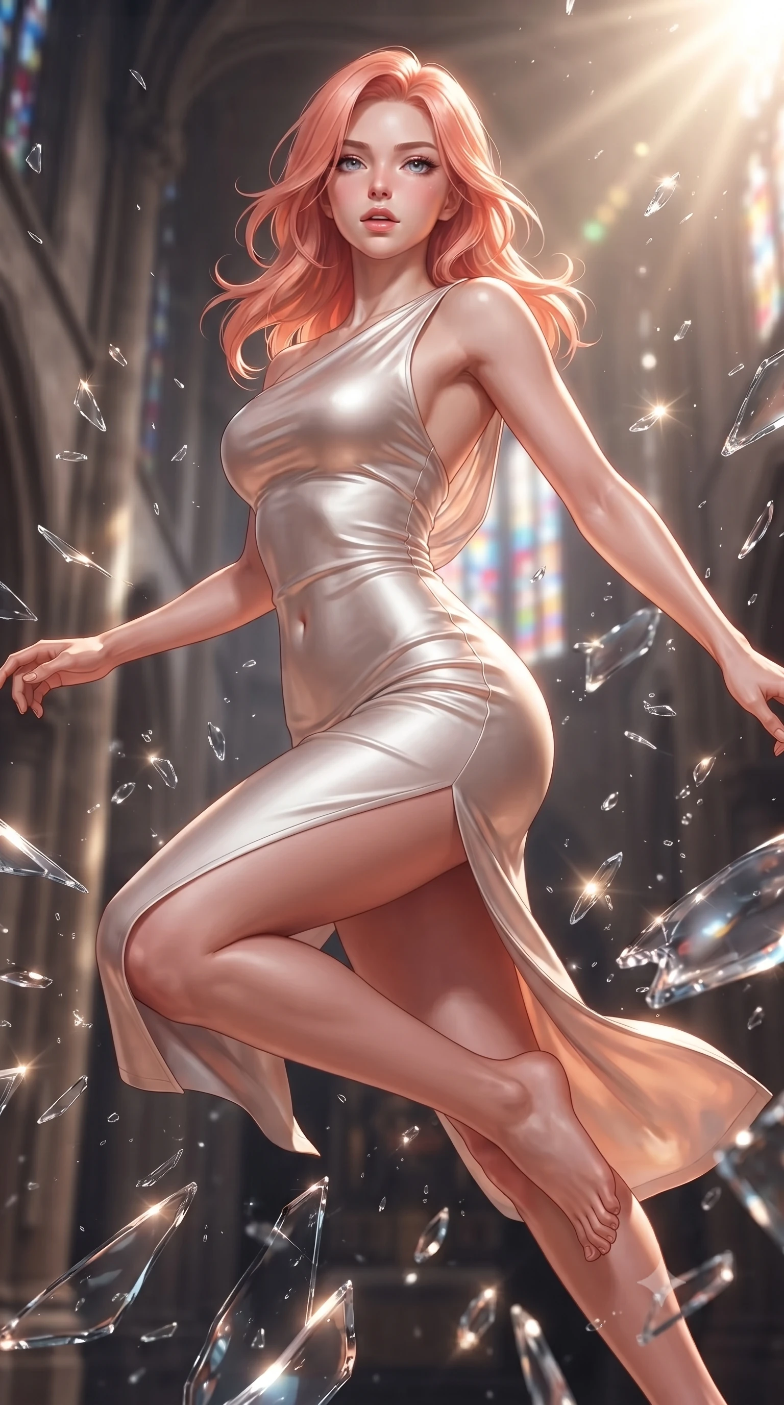 score_9, masterpiece, best quality, ultra-detailed, high-budget anime keyframe, editorial fashion photography, tasteful artistic composition, Japanese woman. close-up cowboy shot from the waist and thighs up, the character dominates the composition, filling the frame with her large presence, background elements kept in soft focus. Tilting her chin up slightly with lips parted in a magnetic, composed expression leaping through shattered liquid glass fragments in a illuminated cathedral, shattered glass shards catching bright specular highlights in mid-air. She has an exceptionally elegant, slender, and willowy female figure with an ultra-slim waist, a gracefully sculpted slender torso, and a refined silhouette. sharp v-shaped jawline, high-bridge nose, intricate jewel-like eyes with depth, thick eyelashes, glossy lips with a natural sheen. wearing a precision-fitted liquid jersey bodycon dress with a draped back in pearl white and rose gold, formed from sleek second-skin neoprene, finished with a sleek side slit ascending to mid-thigh, the sleek second-skin texture accentuating her magnetic presence. lit by bright sunbursts creating vivid, saturated color projections. ultra-reflective glossy finish, specular highlights, metallic sheen, high-contrast stereoscopic depth, volumetric dynamic lighting, 2k, ultra detail, master piece, 9:16 ratio