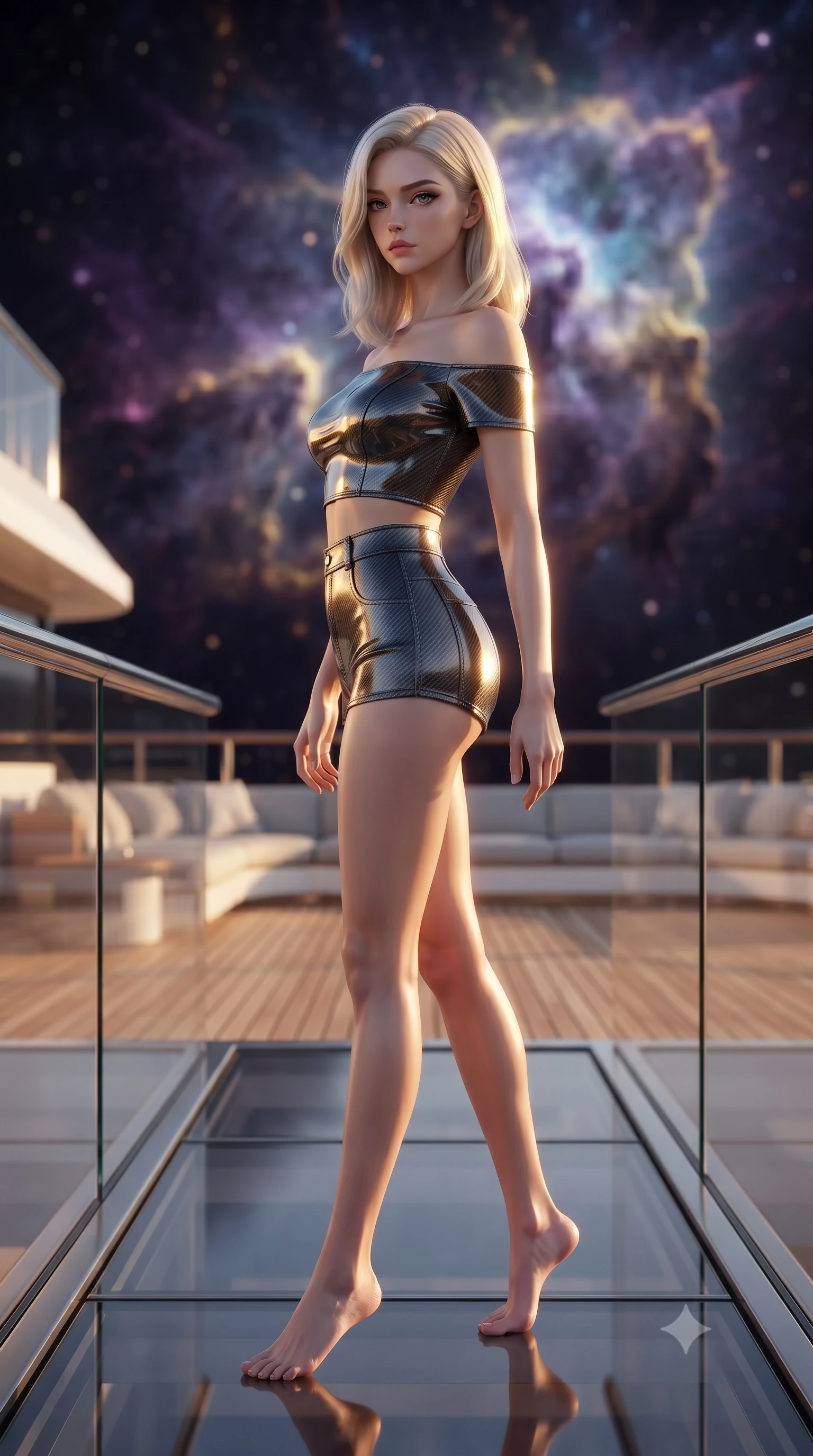 score_9, masterpiece, best quality, ultra-detailed, high-budget anime keyframe, editorial fashion photography, tasteful artistic composition, Caucasian woman. low angle full-body shot from head to toe showing her feet, filling the entire 9:16 vertical frame with her statuesque presence, stretching her vertical silhouette. walking slowly along a glass skybridge, looking back over her shoulder with an air of effortless grace, the background shows a soft-focus the teak wood deck of a luxury space yacht facing a glowing nebula. She has an absolutely perfect, statuesque 8.5-heads proportion, an exceptionally tall and slender model-like female figure with impossibly long slender legs and an ultra-slim waist. sharp v-shaped jawline, high-bridge nose, intricate jewel-like eyes with depth, thick eyelashes, glossy lips with a natural sheen. wearing a tailored chic off-shoulder carbon-plate crop top, paired with high-waisted utility micro-shorts. warm golden hour light tracing her carbon-armor silhouette with a rim. ultra-reflective glossy finish, specular highlights, metallic sheen, high-contrast stereoscopic depth, volumetric dynamic lighting, 2k, ultra detail, master piece, 9:16 ratio
