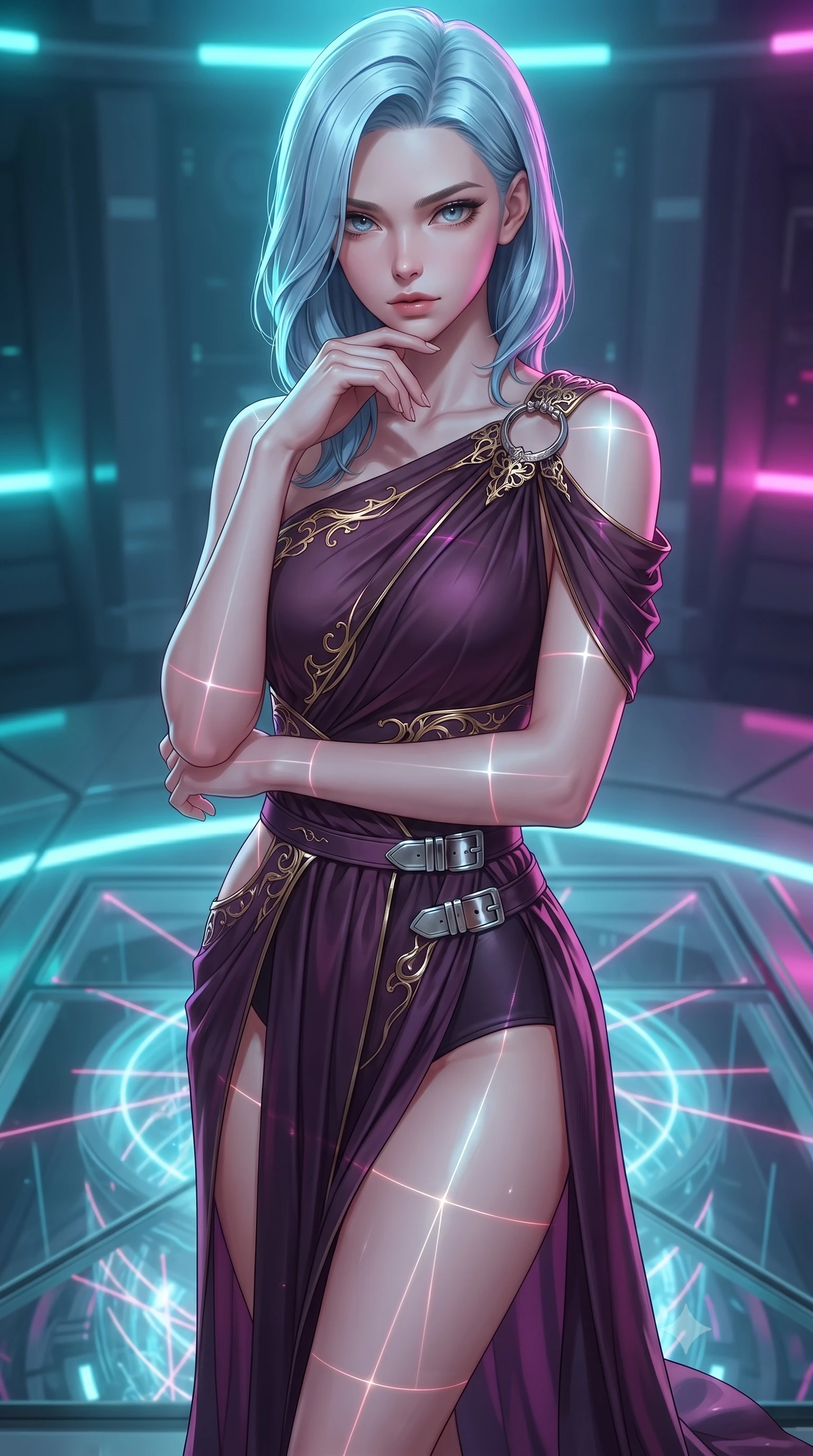 score_9, masterpiece, best quality, ultra-detailed, high-budget anime keyframe, editorial fashion photography, tasteful artistic composition, Korean woman. close-up cowboy shot from the waist and thighs up, the character dominates the composition, filling the frame with her large presence, background elements kept in soft focus. Resting her chin on the backs of her fingers, casting a sharp, mysterious gaze poised on a glass platform over a quantum particle accelerator core, laser lines casting precise geometric grid highlights on her athletic form. She has an exceptionally elegant, slender, and willowy female figure with an ultra-slim waist, a gracefully sculpted slender torso, and a refined silhouette. sharp v-shaped jawline, high-bridge nose, intricate jewel-like eyes with depth, thick eyelashes, glossy lips with a natural sheen. wearing an asymmetrical Grecian draped chiffon gown with a metallic shoulder ring in plum purple and gold filigree, formed from sleek second-skin neoprene, detailed with polished silver buckles along the waistline, the glove-like fit emphasizing her statuesque silhouette. bathed in brilliant neon cyan and magenta rim light with clean white ambient glow. ultra-reflective glossy finish, specular highlights, metallic sheen, high-contrast stereoscopic depth, volumetric dynamic lighting, 2k, ultra detail, master piece, 9:16 ratio
