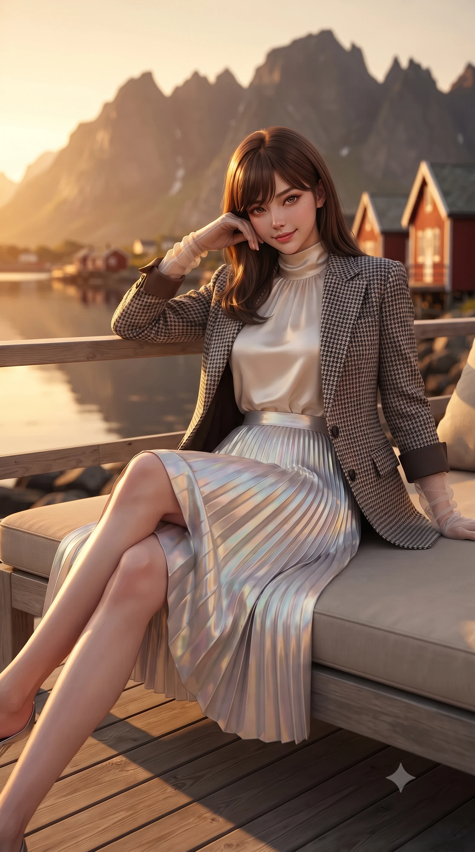 score_9, masterpiece, best quality, ultra-detailed, high-budget anime keyframe, editorial fashion photography, tasteful artistic composition, Korean woman. close-up cowboy shot from the waist and thighs up, the character dominates the composition, filling the frame with her large presence. tilting her head with a teasing half-smile, running one hand slowly down the side of her hip in a flirtatious S-curve as ambient light caresses her silhouette while lounging in the outdoor daybed propped on one elbow with legs extended, displaying her long slender limbs and statuesque hourglass silhouette against the Arctic panorama. The background shows a soft-focus dramatic serrated granite peaks of Reinebringen reflected in mirror fjord water, traditional red wooden cabins, and golden midnight sun blurred into amber, crimson, and jade bokeh. She has an exceptionally elegant, slender, and willowy female figure with an ultra-slim waist, flat toned midriff, narrow ribcage, and sculpted feminine hips creating an alluring, slim hourglass silhouette without bulk. sharp v-shaped jawline, high-bridge nose, intricate jewel-like sparkling eyes with depth, thick eyelashes, glossy parted lips with a natural peach sheen, bright cheerful beaming smile with an enchanting and coquettish sensual glint, exuding both youthful cute charm and seductive allure, flawlessly proportioned anatomical accuracy, strict slender model proportions, natural body alignment, perfectly sculpted long slender limbs, ultra-slim waistline, clean dynamic posture without body distortion. wearing a bespoke Normandy houndstooth equestrian blazer draped over a high-neck silk crepe blouse and pleated midi skirt in iridescent mother-of-pearl and liquid molten silver, woven from structured British tweed with subtle metallic flecks, complemented by sheer opera-length evening gloves tracing her slender arms, the bespoke structured tailoring following the natural line of her 8.5-heads silhouette with refined elegance. bathed in the surreal perpetual 3000K golden amber warmth of the Arctic midnight sun hanging low on the horizon. ultra-reflective glossy finish, specular highlights, rich textural contrasts, high-contrast stereoscopic depth, volumetric dynamic lighting, 2k, ultra detail, master piece, 9:16 ratio