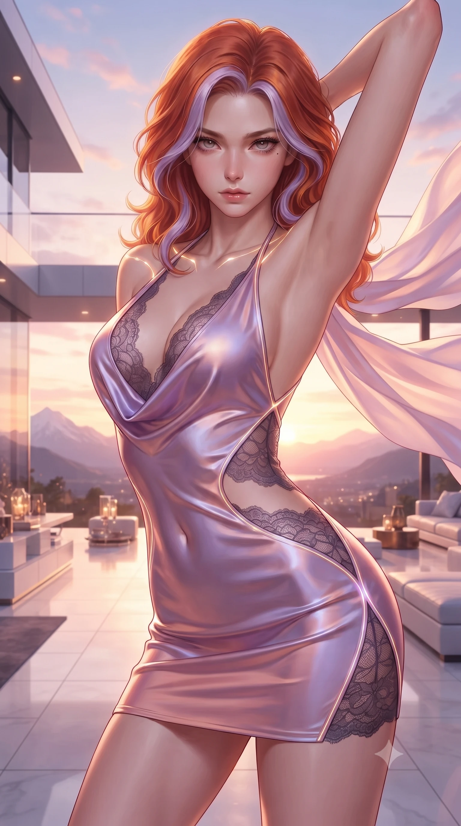 score_9, masterpiece, best quality, ultra-detailed, high-budget anime keyframe, editorial fashion photography, tasteful artistic composition, Caucasian woman. close-up cowboy shot from the waist and thighs up, the character dominates the composition, filling the frame with her large presence. gazing directly into the lens with bedroom eyes and a breathtaking, dangerous allure that commands the entire composition while stretching her slender torso in an alluring back-arch as high-altitude breezes flutter her silk drapes against the sunset. The surrounding environment is rendered in vivid detail and crisp panoramic clarity. high-contrast pristine architectural lines and breathtaking high-altitude panoramas in panoramic precision. She has an exceptionally elegant, slender, and willowy female figure with an ultra-slim waist, a gracefully sculpted slender torso, toned flat midriff, and a refined slim silhouette. sharp v-shaped jawline, high-bridge nose, intricate jewel-like eyes with depth, thick eyelashes, glossy lips with a natural sheen, flawlessly proportioned anatomical accuracy, strict slender model proportions, natural body alignment, perfectly sculpted long slender limbs, ultra-slim waistline, clean dynamic posture without body distortion. wearing a form-contouring liquid satin halter-neck mini dress with a deep crossover cowl front, open back, and ultra-slender waist drape in luminous lavender violet and rose gold, crafted from delicate dark lace interwoven with luminescent micro-fibers, accented with glowing fiber-optic seams tracing her collarbones and hip curves, the precision-cut daring openings accentuating her delicate midriff, graceful bare collarbones, and ultra-slim feminine waistline. bathed in glorious golden-pink twilight sunbeams and warm chandelier candlelight glow. ultra-reflective glossy finish, specular highlights, metallic sheen, high-contrast stereoscopic depth, volumetric dynamic lighting, 2k, ultra detail, master piece, 9:16 ratio