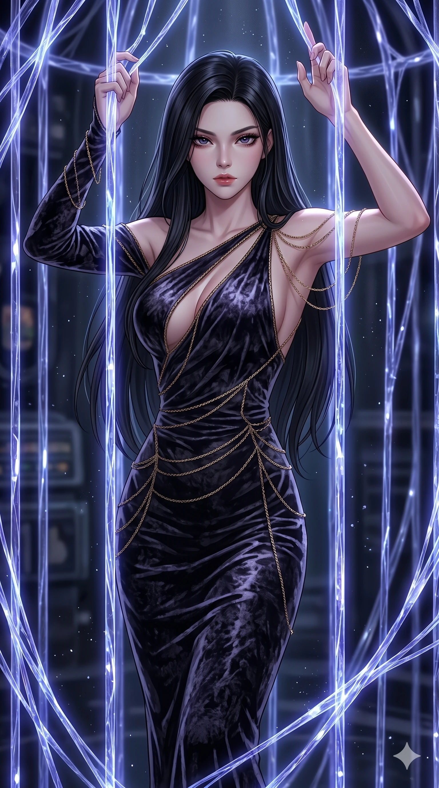 score_9, masterpiece, best quality, ultra-detailed, High-budget Anime Keyframe, East Asian woman. Dynamic full-body shot stretching the vertical silhouette to the limit. Scenario 52: Trapped in a cage of glowing crystalline fibers, body pressing against the bars. Her presence is magnetic and overpowering in this high-budget anime scene. Outfit 52: A crushed dark velvet second with a low-cut shoulder and fine gold chains. The clothing is designed to emphasize her exceptionally tall and slender 8-heads proportion. 8-heads proportion, towering silhouette, ultra-slim waist. sharp v-shaped jawline, intricate jewel-like eyes with depth, thick eyelashes, glossy lips. 2k, ultra detail, master piece, 9:16 ratio