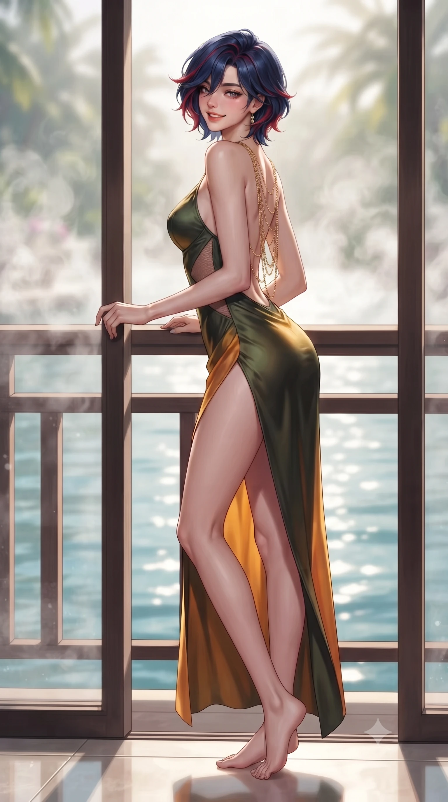 score_9, masterpiece, best quality, ultra-detailed, high-budget anime keyframe, editorial fashion photography, tasteful artistic composition, Korean woman. low angle full-body shot from head to toe showing her feet, filling the entire 9:16 vertical frame with her statuesque presence, stretching her vertical silhouette. posing in a classic haute-couture S-curve stance beside the floor-to-ceiling window, looking over a bare shoulder with magnetic presence while leaning against the open-air pavilion balustrade with hips cocked back, looking out over the calm lagoon with heavy-lidded bedroom-eyes. The background shows a soft-focus swirling floral bath steam softened in ultra-luxury holistic island spa shallow focus. She has an exceptionally tall and slender model-like 8.5-heads proportion, an ultra-slim waist, a flat toned midriff, narrow delicate ribcage, and beautifully sculpted feminine hips creating a graceful, slim hourglass silhouette without any bulky heaviness, with impossibly long slender legs. sharp v-shaped jawline, high-bridge nose, intricate jewel-like sparkling eyes with depth, thick eyelashes, glossy parted lips with a natural peach sheen, bright cheerful beaming smile with an enchanting and coquettish sensual glint, exuding both youthful cute charm and seductive allure, flawlessly proportioned anatomical accuracy, strict slender model proportions, natural body alignment, perfectly sculpted long slender limbs, ultra-slim waistline, clean dynamic posture without body distortion. wearing an alluring plunging sweetheart bustier dress with sheer mesh side-waist cutouts contouring her ribs in Tuscan cypress dark olive and sunset amber gold, crafted from fluid liquid silk satin that clings smoothly to her narrow waist and rounded hips with a dewy sheen, accented with an open-back drape framed by falling strands of delicate gold chains, the high-slit wrap tailoring accentuating her ultra-slim waistline and the enchanting curve of her feminine hips with alluring seductive charm. illuminated by glass floor reflection bounce and sharp platinum-cyan rim lights defining her dewy collarbones, ultra-slim waist, and curvy hips. ultra-reflective glossy finish, specular highlights, rich textural contrasts, high-contrast stereoscopic depth, volumetric dynamic lighting, 2k, ultra detail, master piece, 9:16 ratio