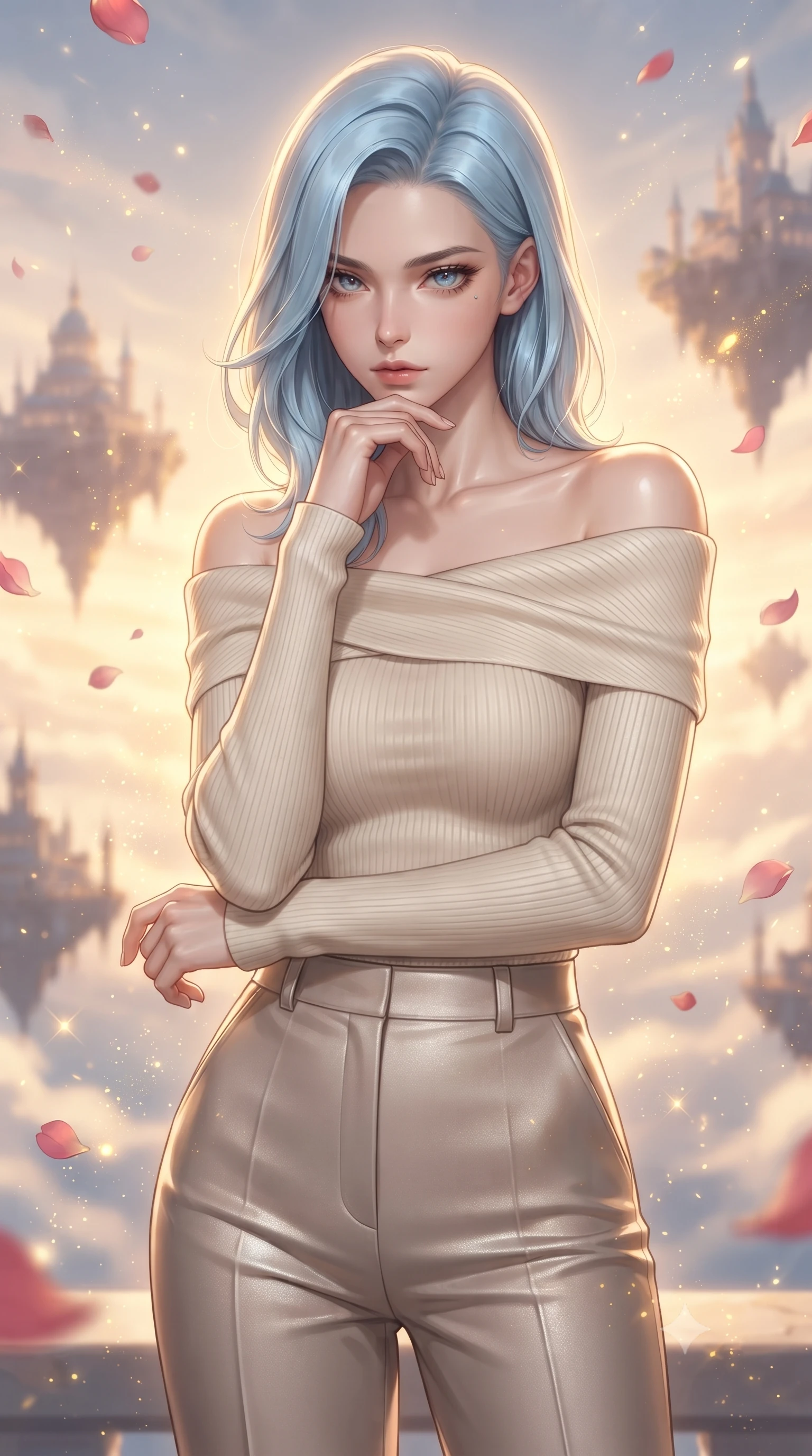score_9, masterpiece, best quality, ultra-detailed, high-budget anime keyframe, editorial fashion photography, tasteful artistic composition, Korean woman. close-up cowboy shot from the waist and thighs up, the character dominates the composition, filling the frame with her large presence, background elements kept in soft focus. Resting her chin on the backs of her fingers, casting a sharp, mysterious gaze gazing out at a dreamlike palace archipelago suspended in golden hour light, floating rose petals and golden dust motes sparkling in the air. She has an exceptionally elegant, slender, and willowy female figure with an ultra-slim waist, a gracefully sculpted slender torso, and a refined silhouette. sharp v-shaped jawline, high-bridge nose, intricate jewel-like eyes with depth, thick eyelashes, glossy lips with a natural sheen. wearing a sleek off-shoulder ribbed cashmere knit top paired with high-waist tailored pants, the elegant draped fit framing her graceful clavicle and slender torso. surrounded by a bright, luxurious aura of warm sunshine and sky reflections. ultra-reflective glossy finish, specular highlights, metallic sheen, high-contrast stereoscopic depth, volumetric dynamic lighting, 2k, ultra detail, master piece, 9:16 ratio