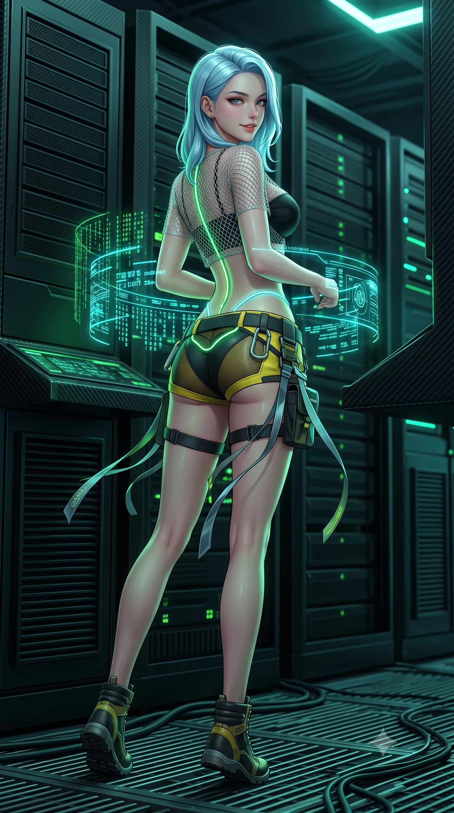 score_9, masterpiece, best quality, ultra-detailed, high-budget anime keyframe, semi-realistic 3D game render, editorial fashion photography, tasteful artistic composition, Korean woman. low angle full-body shot from head to toe showing her feet, filling the entire 9:16 vertical frame with her statuesque presence, stretching her vertical silhouette. executing a cheerful mid-motion pivot turn as her tactical belt and ribbons flutter around her slender legs, glancing over her shoulder with an intoxicating, teasing bedroom-gaze while twisting her slender torso in an alluring S-curve amidst server banks, glowing data telemetry projecting intricate matrix patterns across her narrow waist. The surrounding environment is rendered in vivid detail and crisp panoramic clarity: sharp holographic interface glyphs, matte black server rack vents, and carbon fiber console framing in deep focus. She has an absolutely perfect, statuesque 8.5-heads proportion, an exceptionally tall and slender model-like female figure with impossibly long slender legs, an ultra-slim waist, a flat toned midriff, narrow delicate ribcage, and beautifully sculpted feminine hips creating a graceful, slim hourglass silhouette without any bulky heaviness. sharp v-shaped jawline, high-bridge nose, intricate jewel-like sparkling eyes with depth, thick eyelashes, glossy parted lips with a natural sheen, bright confident smile with an enchanting and coquettish sensual glint, exuding both youthful magnetic charm and sovereign high-tech allure, flawlessly proportioned anatomical accuracy, strict slender model proportions, natural body alignment, perfectly sculpted long slender limbs, ultra-slim waistline, clean dynamic posture without body distortion. wearing a delicate silver chainmail mesh crop top layered over a sculpted matte black bandeau with low-rise combat shorts in industrial hazard yellow and matte carbon black, crafted from sheer technical cyber-lace reinforced with ultra-thin Kevlar threads, accented with glowing neon fiber-optic piping tracing her spine and hip lines, the high-waisted tailoring accentuating her ultra-slim waistline and the enchanting curve of her feminine hips with alluring dark charm. bathed in moody neon green and laser cyan terminal light contrasting with deep industrial shadows. highly saturated vibrant anime colors, detailed shading with soft gradients, rich glossy textures, high-contrast stereoscopic depth, volumetric dynamic lighting, master piece, 9:16 ratio
