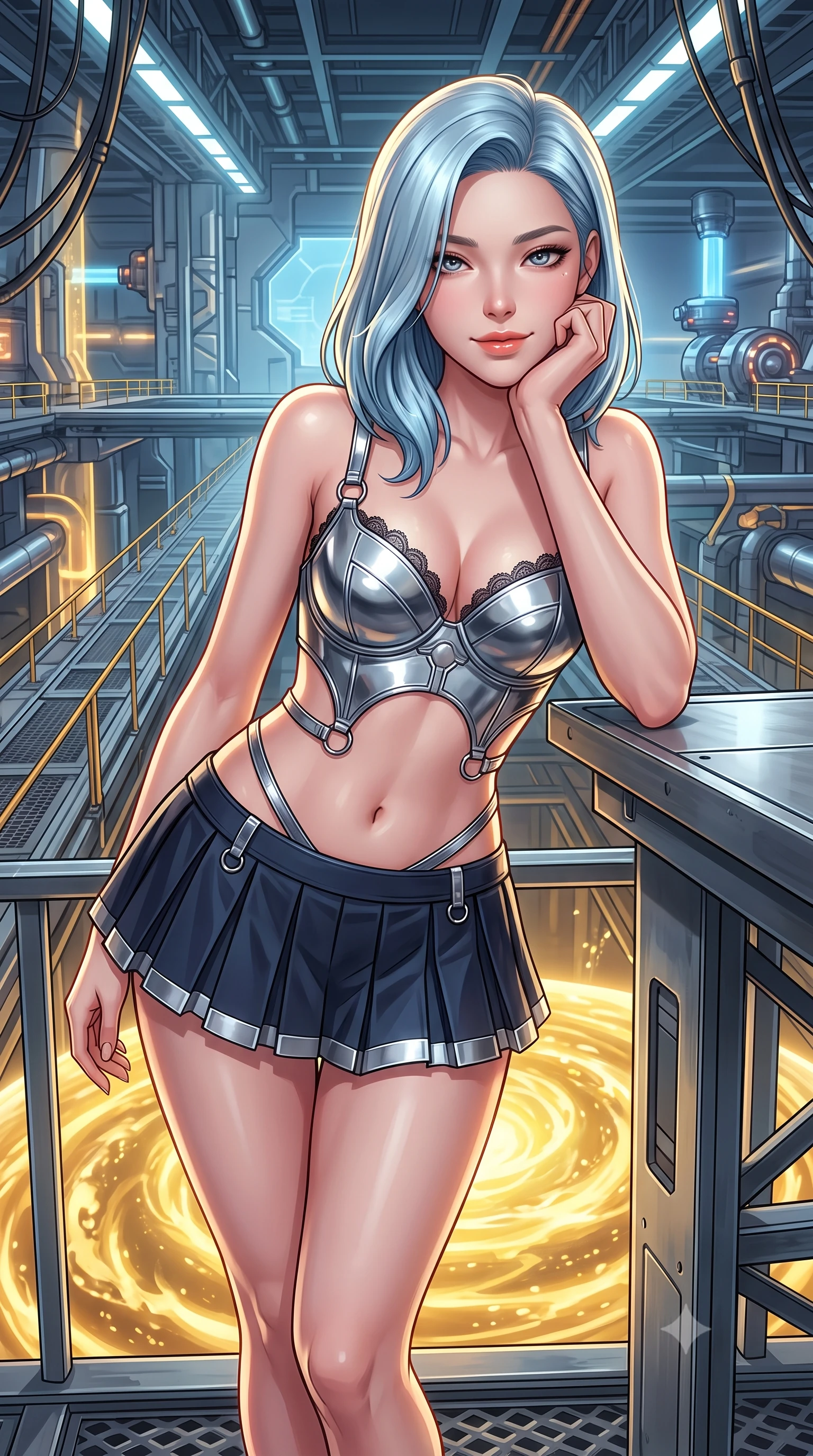 score_9, masterpiece, best quality, ultra-detailed, high-budget anime keyframe, semi-realistic 3D game render, editorial fashion photography, tasteful artistic composition, Korean woman. close-up cowboy shot from the waist and thighs up, the character dominates the composition, filling the frame with her large presence. resting one elbow on the table and supporting her chin, leaning close to the camera with heavy-lidded sparkling eyes and parted lips while standing poised on the suspended magnetic bridge over the swirling sphere of golden magnetic plasma, arching her spine with breathtaking anime heroine allure. The surrounding environment is rendered in vivid detail and crisp panoramic clarity: detailed anime styling, glossy highlights, and monumental fusion energy craft in high resolution. She has an exceptionally elegant, slender, and willowy female figure with an ultra-slim waist, flat toned midriff, narrow ribcage, and sculpted feminine hips creating an alluring, slim hourglass silhouette without bulk. sharp v-shaped jawline, high-bridge nose, intricate jewel-like sparkling eyes with depth, thick eyelashes, glossy parted lips with a natural peach sheen, bright cheerful beaming smile with an enchanting and coquettish sensual glint, exuding both youthful cute charm and seductive allure, flawlessly proportioned anatomical accuracy, strict slender model proportions, natural body alignment, perfectly sculpted long slender limbs, ultra-slim waistline, clean dynamic posture without body distortion. wearing a chrome-plated tactical combat bustier top with reinforced underwire paired with a low-rise pleated micro combat skirt in midnight carbon navy and polished chrome, adorned with delicate chrome ring hardware and cutouts along her slender waist, finished with scalloped eyelash lace trim framing her sweetheart neckline with intimate elegance, the precision-cut side openings and low-back scoop framing her graceful spine and the sensual sweep of her slim, toned hips. illuminated by gantry reflection bounce and sharp sunburst-gold rim lights defining her jawline, narrow waist, and curvy hips. highly saturated vibrant anime colors, detailed shading with soft gradients, rich glossy textures, high-contrast stereoscopic depth, volumetric dynamic lighting, master piece, 9:16 ratio