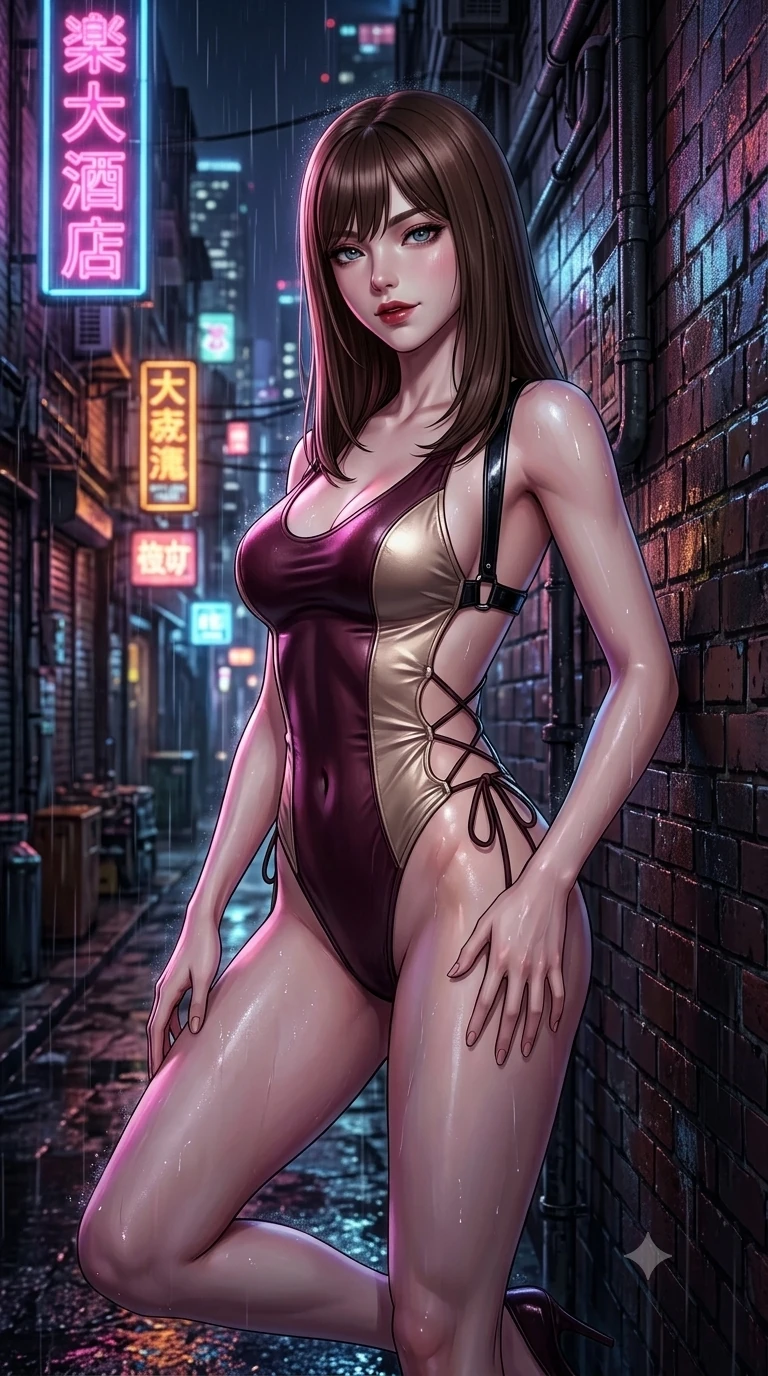 score_9, masterpiece, best quality, ultra-detailed, high-budget anime keyframe, semi-realistic 3D game render, editorial fashion photography, tasteful artistic composition, Korean woman. close-up cowboy shot from the waist and thighs up, the character dominates the composition, filling the frame with her large presence. tilting her head with a teasing half-smile, running one hand slowly down the side of her hip in a flirtatious S-curve as ambient neon caresses her silhouette while leaning against the rain-soaked brick wall beneath glowing neon kanji signs, one knee bent as her smoldering gaze holds the camera. The surrounding environment is rendered in vivid detail and crisp panoramic clarity: detailed asymmetric metallic mini dress cling, liquid surface sheen, and gritty urban textures in razor-sharp precision. She has an exceptionally elegant, slender, and willowy female figure with an ultra-slim waist, flat toned midriff, narrow ribcage, and sculpted feminine hips creating an alluring, slim hourglass silhouette without bulk. sharp v-shaped jawline, high-bridge nose, intricate jewel-like dark sparkling eyes with dangerous depth, thick curled eyelashes, glossy parted lips with a rich wine sheen, smoldering seductive half-smile with bedroom-eyes, exuding effortless superiority and intoxicating dark allure, flawlessly proportioned anatomical accuracy, strict slender model proportions, natural body alignment, perfectly sculpted long slender limbs, ultra-slim waistline, clean dynamic posture without body distortion. wearing a low-slung cutaway leather bodysuit with bare hip flanks and criss-cross cord ties in dark mulberry wine and antique champagne, made of supple butter-soft lambskin leather with a subtle satin sheen, featuring an open-back criss-cross harness strap in patent black leather, the form-fitting cut adhering flawlessly to her sculpted flat midriff and slender torso, emphasizing her long leg lines and perfectly proportioned willowy build. bathed in high-saturation multi-hued neon reflections bouncing off wet alley walls and glistening skin. highly saturated vibrant anime colors, detailed shading with soft gradients, rich glossy textures, high-contrast stereoscopic depth, volumetric dynamic lighting, master piece, 9:16 ratio