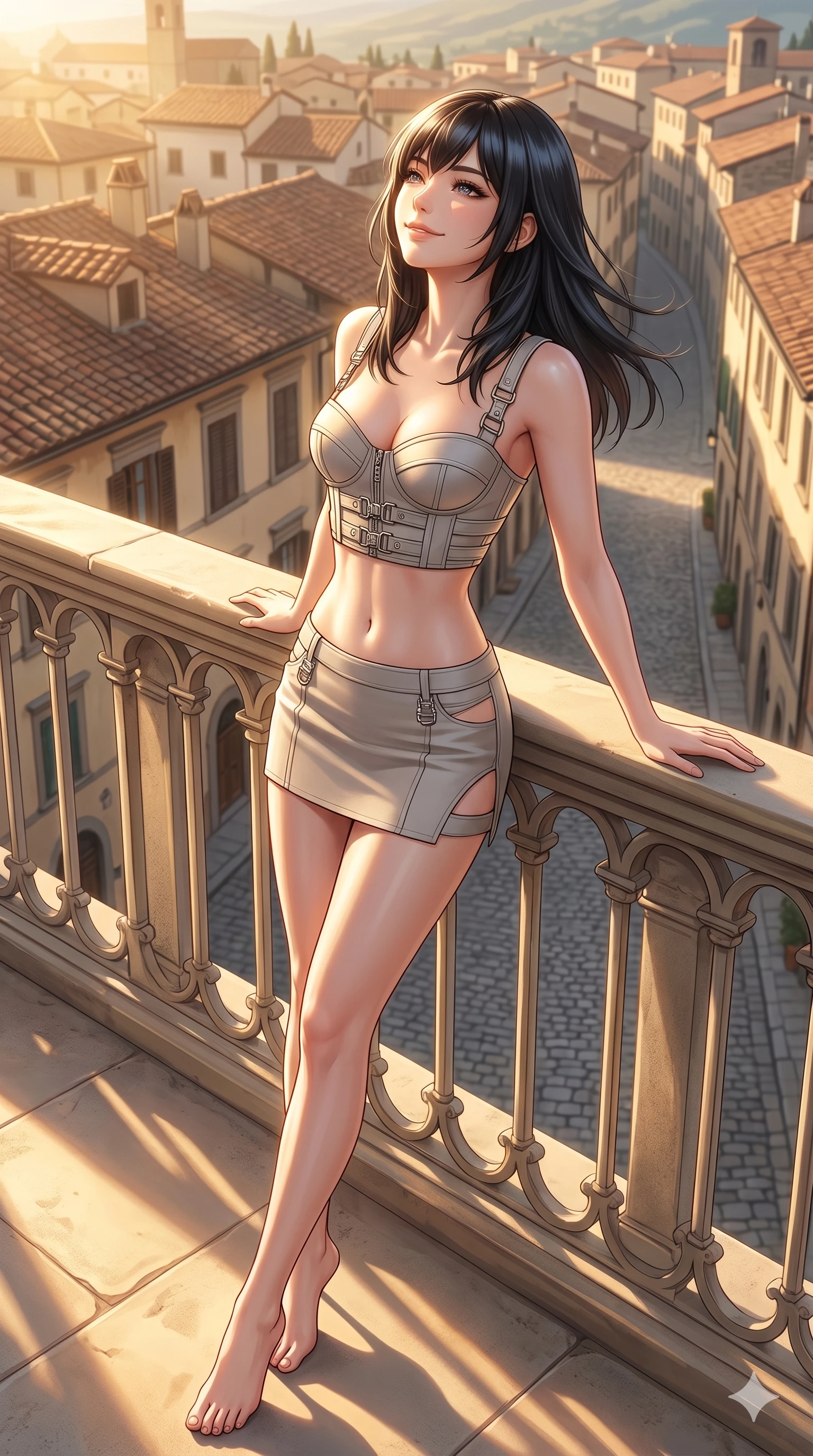 score_9, masterpiece, best quality, ultra-detailed, high-budget anime keyframe, editorial fashion photography, tasteful artistic composition, Caucasian woman, strictly human ears. cowboy shot from the thighs up, character and outfit filling the frame for maximum editorial presence. leaning back gracefully with a serene, relaxed smile, letting the warm sun wash over her face leaning against the railing of a sunlit private rooftop terrace overlooking a historic European town (Code-P030). She has an absolutely perfect 8-heads proportion, an exceptionally tall and slender female figure with impossibly long slender legs and an ultra-slim waist. V-shaped jawline, high-bridge nose, intricate jewel-like eyes with depth, thick eyelashes, glossy lips with a natural sheen. wearing a structured crop bustier with chrome hardware and a matching micro-length skirt with side cuts. bathed in warm afternoon sunbeams casting long, soft shadows and highlighting her slender waist. 2k, ultra detail, master piece, 9:16 ratio
