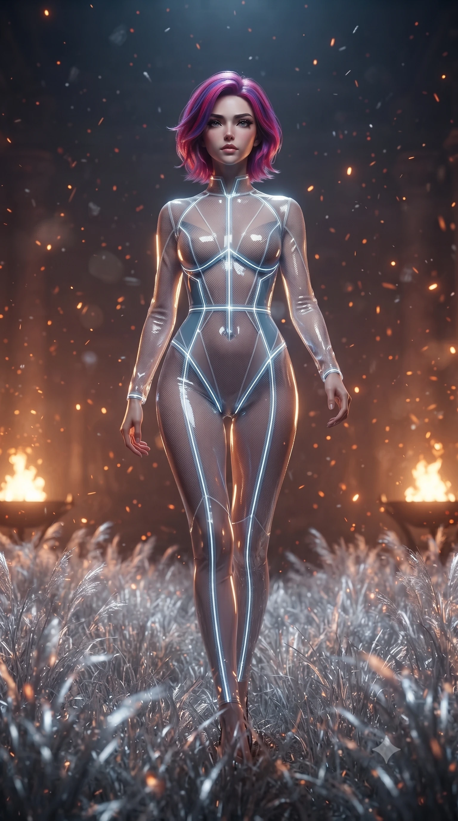 score_9, masterpiece, best quality, ultra-detailed, High-budget Anime Keyframe, editorial fashion photography, tasteful artistic composition, realistic cosplay photography, Caucasian woman, strictly human ears. Low angle cowboy shot filling the entire 9:16 frame with her statuesque presence. Scenario 395: walking through a field of tall silver grass at a quiet chamber filled with glowing embers and floating ash particles. Her presence is magnetic and overpowering in this high-budget cinematic scene. Outfit 395: a tailored translucent PVC micro-mesh with a sheer panels and glowing LED seams. The clothing is designed to emphasize her exceptionally tall and slender 8-heads proportion. 8-heads proportion, towering silhouette, ultra-slim waist. sharp v-shaped jawline, intricate jewel-like eyes with depth, thick eyelashes, glossy lips. ultra-reflective glossy finish, specular highlights, metallic sheen, high-contrast stereoscopic depth, volumetric dynamic lighting, 2k, ultra detail, master piece, 9:16 ratio