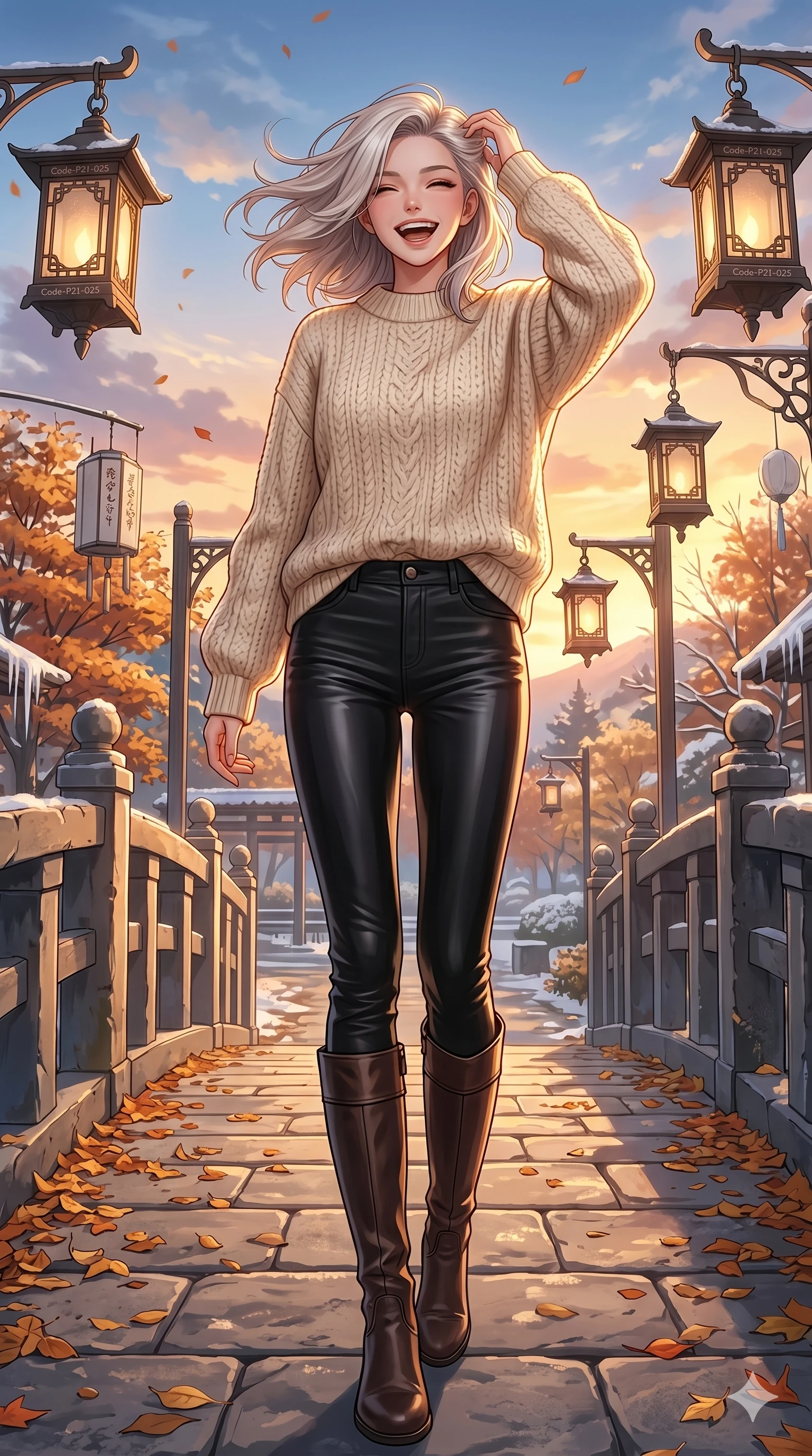 score_9, masterpiece, best quality, ultra-detailed, high-budget anime keyframe, vibrant anime aesthetic, Caucasian woman, strictly human ears. low angle full-body shot from head to toe showing her feet, filling the entire 9:16 vertical frame with her statuesque presence, stretching her vertical silhouette. She is laughing happily while running her fingers through her hair in the autumn breeze on a stone bridge in a quiet resort park decorated with winter lanterns (Code-P21-025). She has an absolutely perfect 8-heads proportion, an exceptionally tall and slender female figure with impossibly long slender legs and an ultra-slim waist. V-shaped jawline, high-bridge nose, intricate jewel-like eyes with depth, thick eyelashes, glossy lips with a natural sheen. wearing a cozy oversized knit sweater with leather pants and boots in winter. She is bathed in warm golden hour winter sunset light, casting long shadows across her form. 2k, ultra detail, master piece, 9:16 ratio
